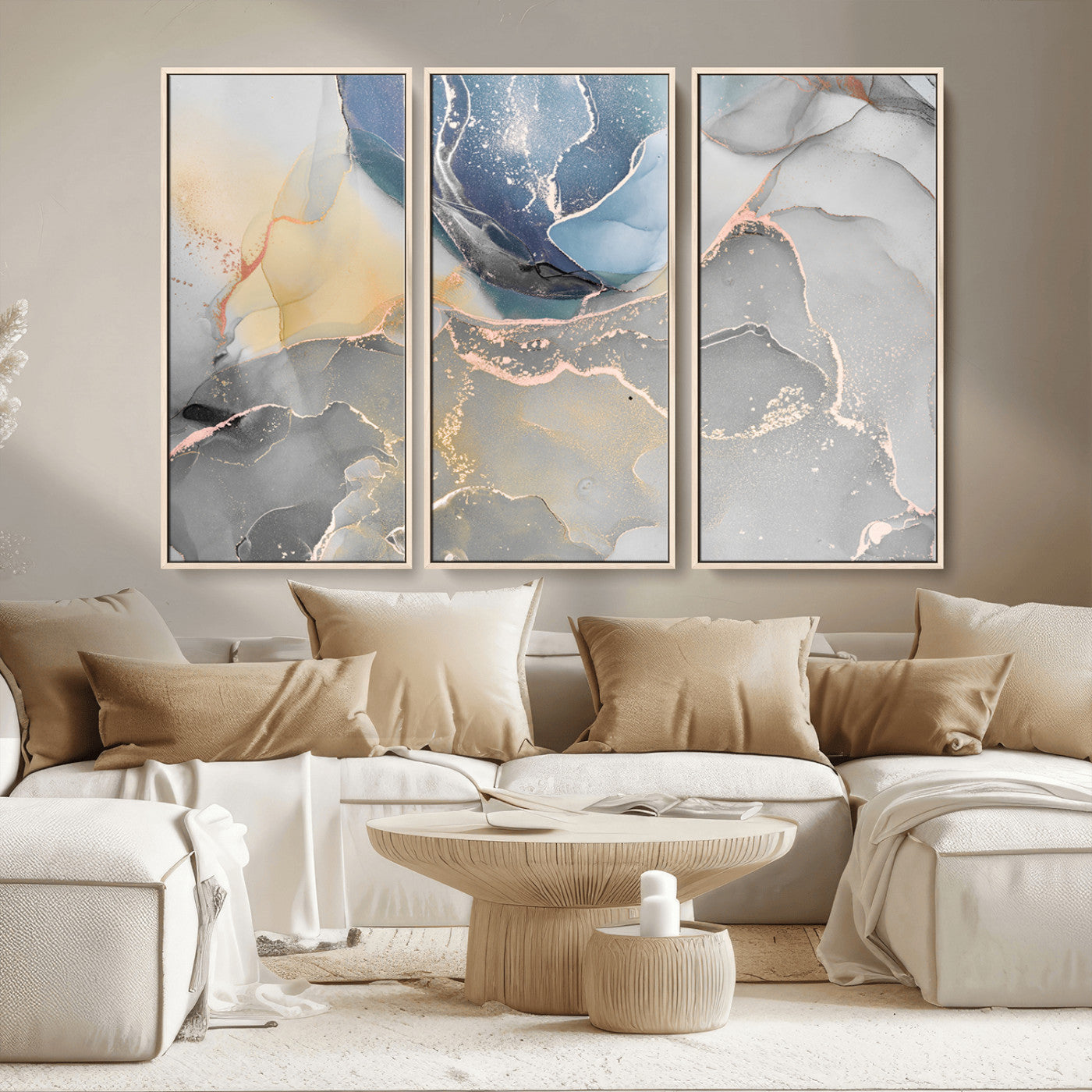 18176-MGV-CV-36X24-Abstract Fluid Wall Art – Modern Marble Ink Canvas Print with Blue, Gold, and Gray Tones, Contemporary Minimal Artwork Decor for