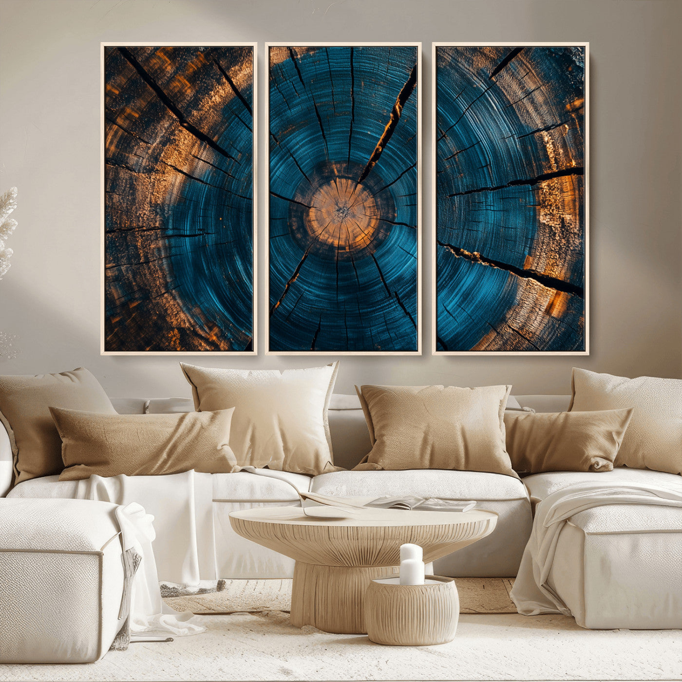 13398-MGV-CV-36X24-Tree Ring Wall Art – Abstract Wood Grain Canvas Print with Blue and Orange Accents, Rustic Nature Inspired Artwork for Living