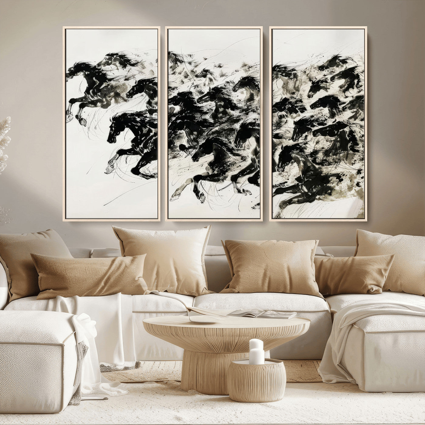23069-MGV-CV-36X24-Galloping Horses Wall Art – Black Ink Painting on Canvas, Dynamic Equestrian Artwork with Running Stallions, Expressive Modern