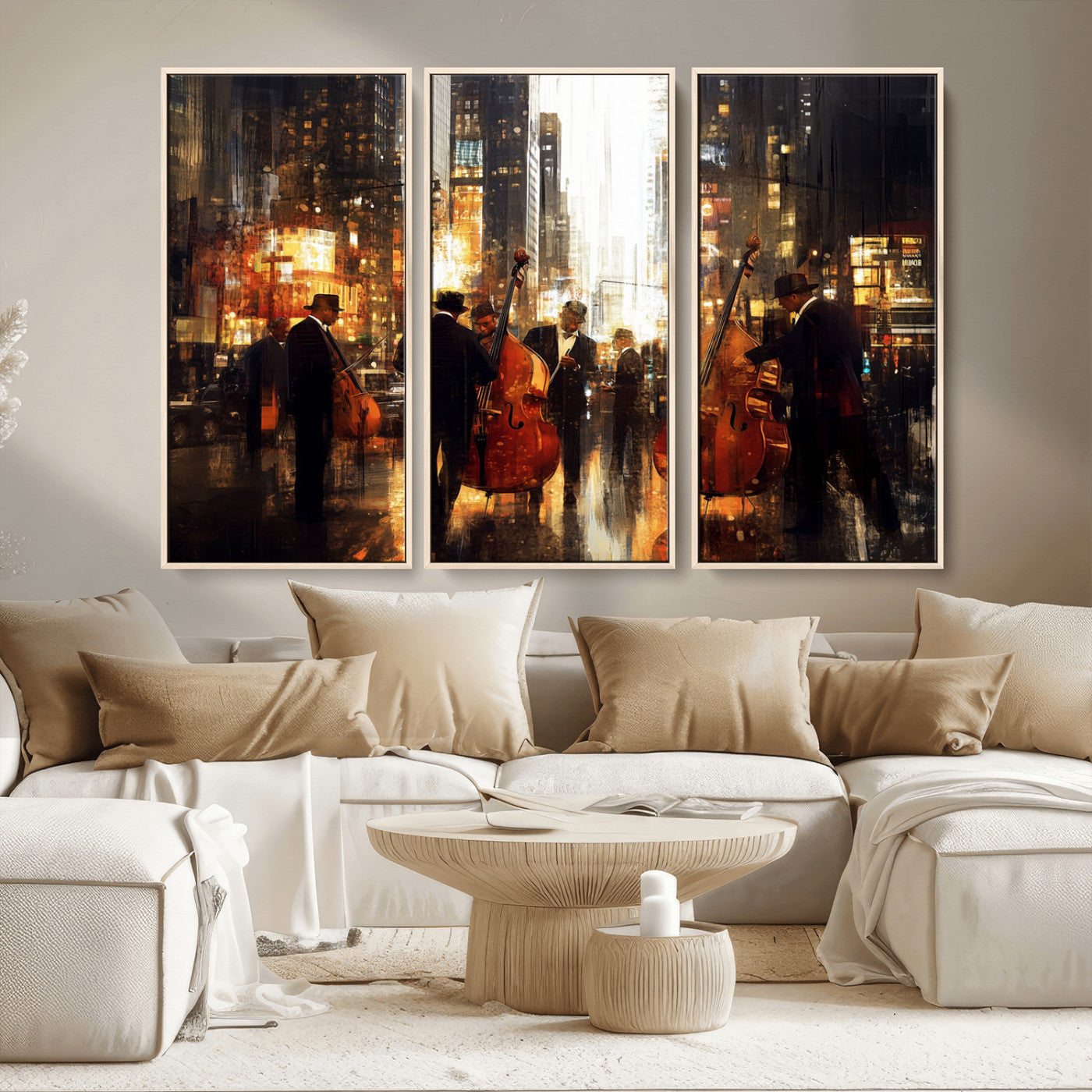 58782-MGV-CV-36X24-Jazz Musicians Cityscape Wall Art – Vibrant Urban Night Canvas Print, Elegant Music Themed Decor for Living Room, Office, or Music