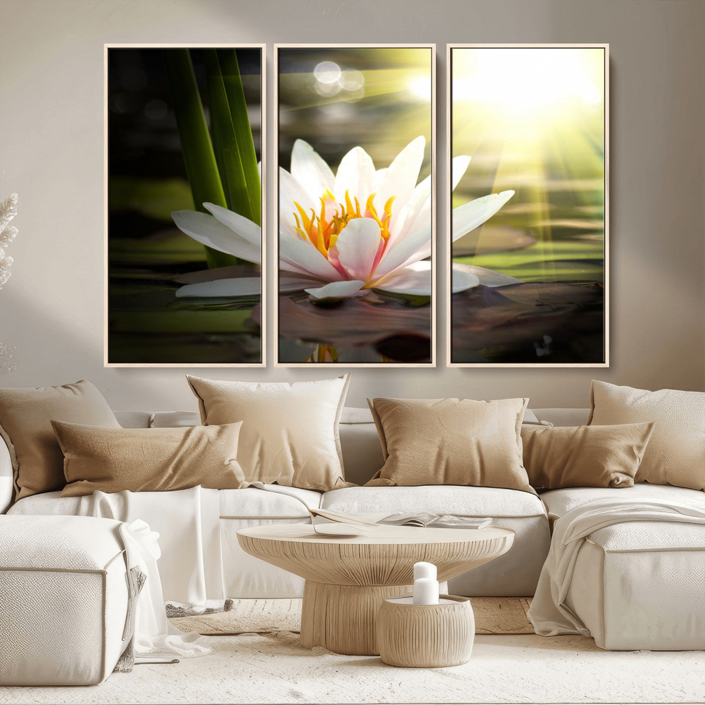 40478-MGV-FC-48X32-3P_Natural-Water Lily Wall Art – White Lotus Flower Canvas Print with Sunlight Reflection, Serene Botanical Artwork for Living Room, Bedroom,