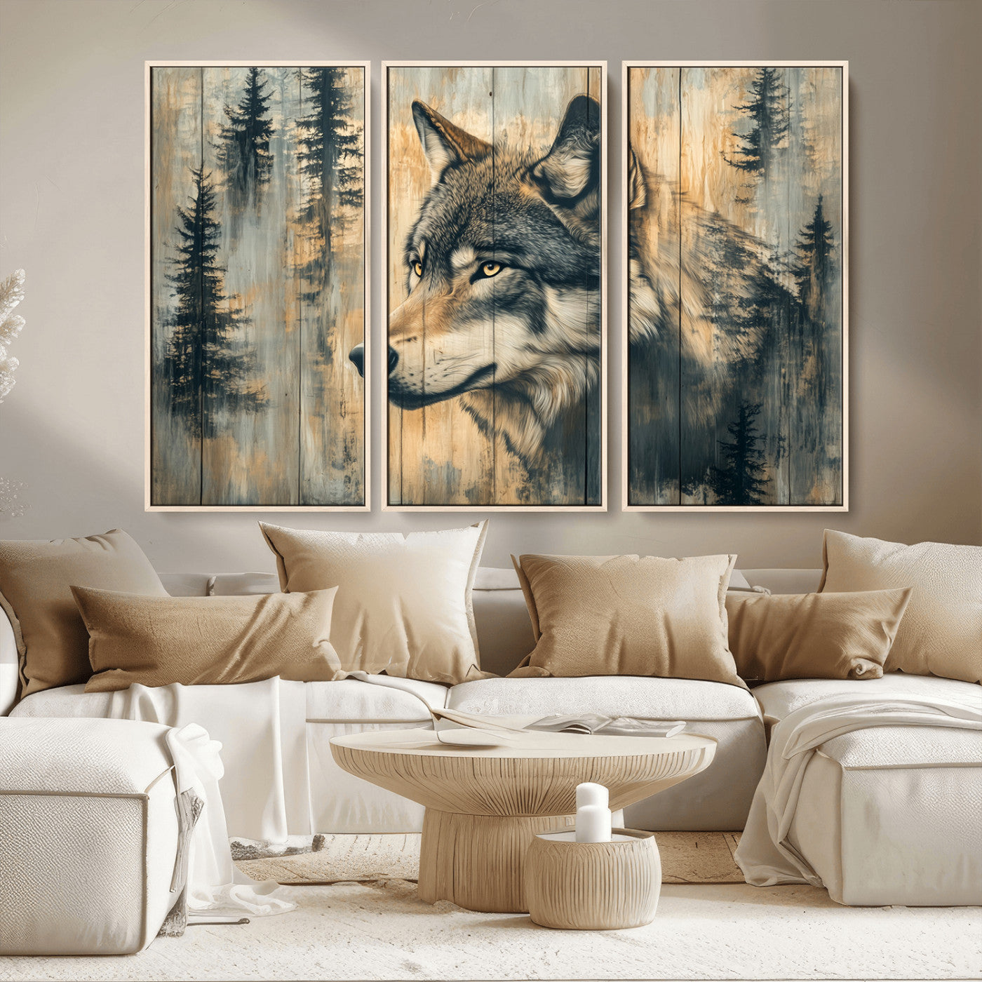 51892-MGV-CV-36X24-Wolf Wall Art – Rustic Canvas Print of Wolf with Forest Trees on Wood Texture, Wildlife Lodge Artwork for Living Room, Bedroom,