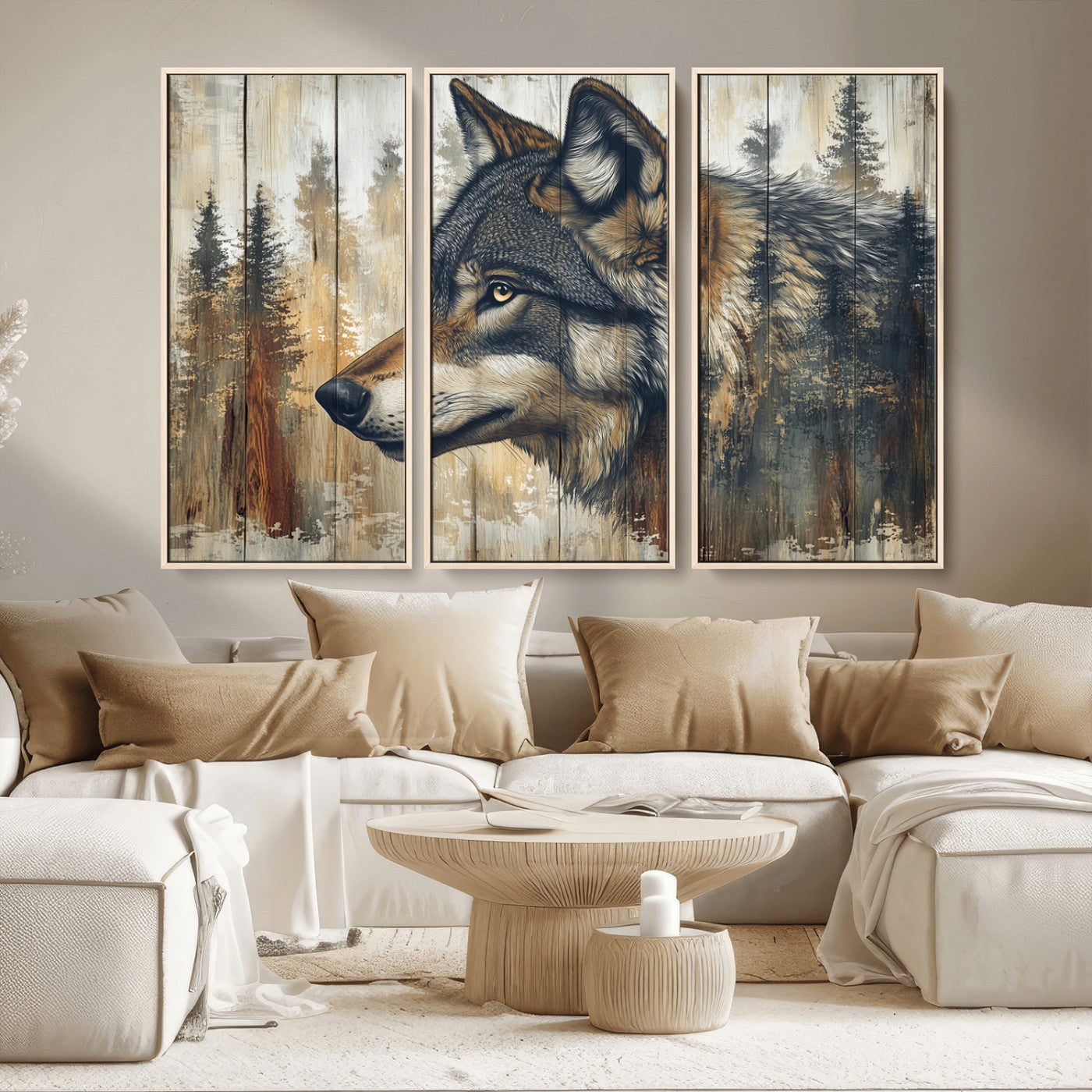 91882-MGV-CV-36X24-Wolf Wall Art – Rustic Canvas Print of Forest Wolf on Wood Background, Wildlife Lodge Artwork for Living Room, Bedroom, Cabin, or