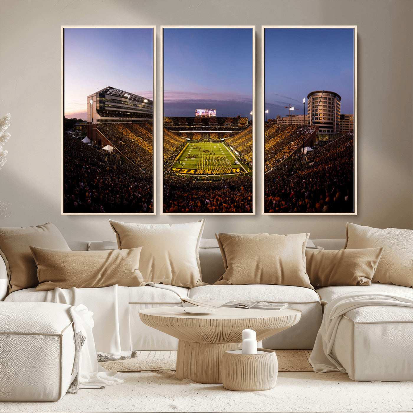 82557-MGV-CV-36X24-College Football Stadium Wall Art – Panoramic Sunset Canvas Print with Marching Band and Game Day Crowd, Sports Artwork for Man
