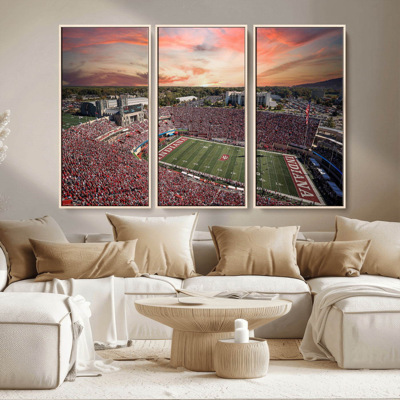 51135-MGV-FC-48X32-3P_Natural-Indiana Hoosiers Stadium Wall Art – Panoramic Football Canvas Print with Game Day Crowd and Sunset Sky, Sports Artwork for Man