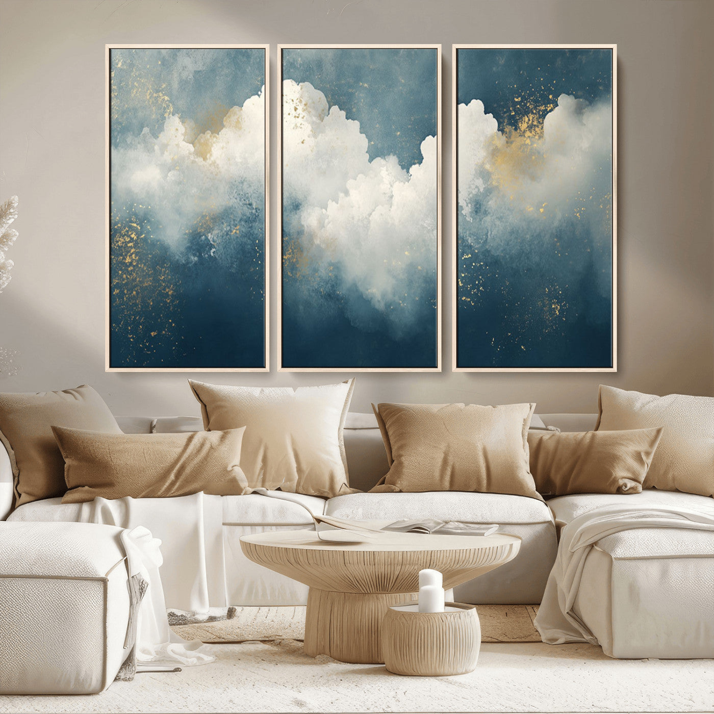 75131-MGV-FC-48X32-3P_Natural-Abstract Cloud Wall Art – Modern Canvas Print Featuring Blue and White Clouds with Golden Accents, Contemporary Artwork for Living