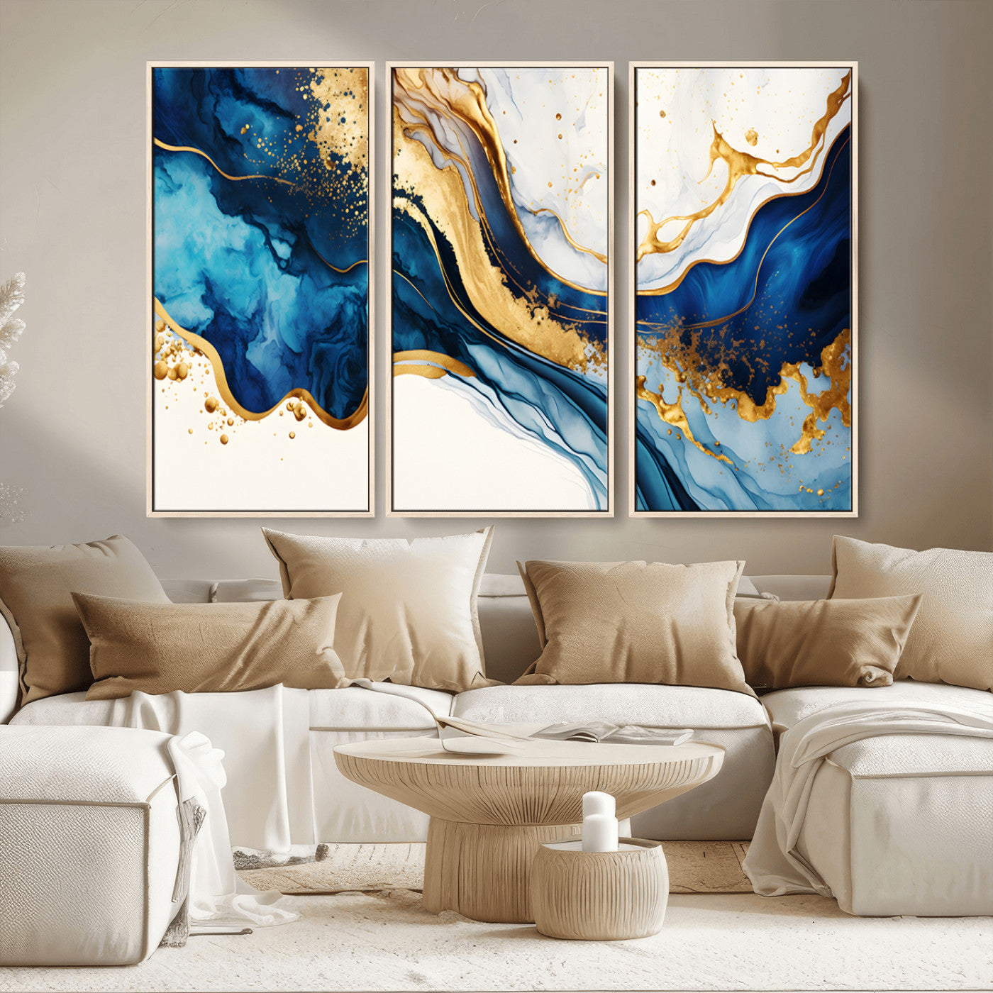 60283636-MGV-CV-36X24-Blue Gold Flow Wall Art Canvas Print, Framed Marble Texture Art Picture Print, Elegant Splash Perfect Elegant Abstract Decor