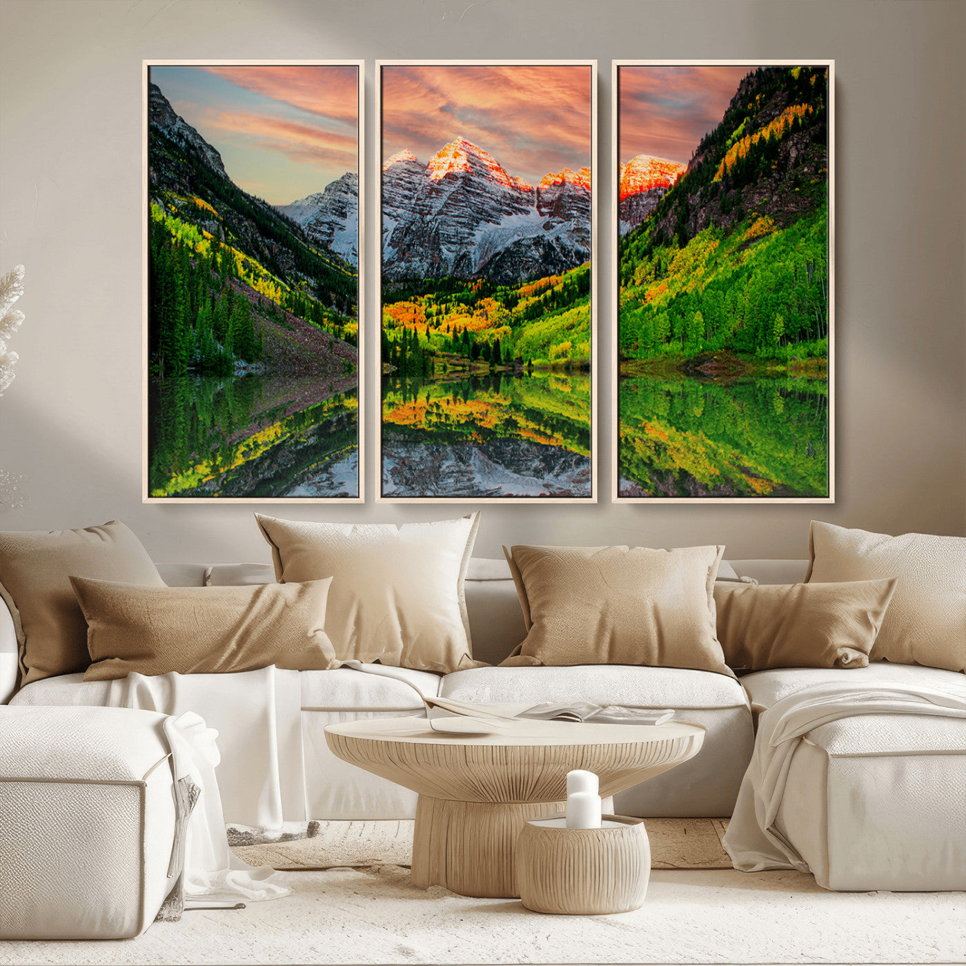 59533484-MGV-CV-36X24-Maroon Bells Autumn Wall Art – Panoramic Mountain Landscape Canvas Print, Sunset Reflection Nature Artwork for Living Room, Office