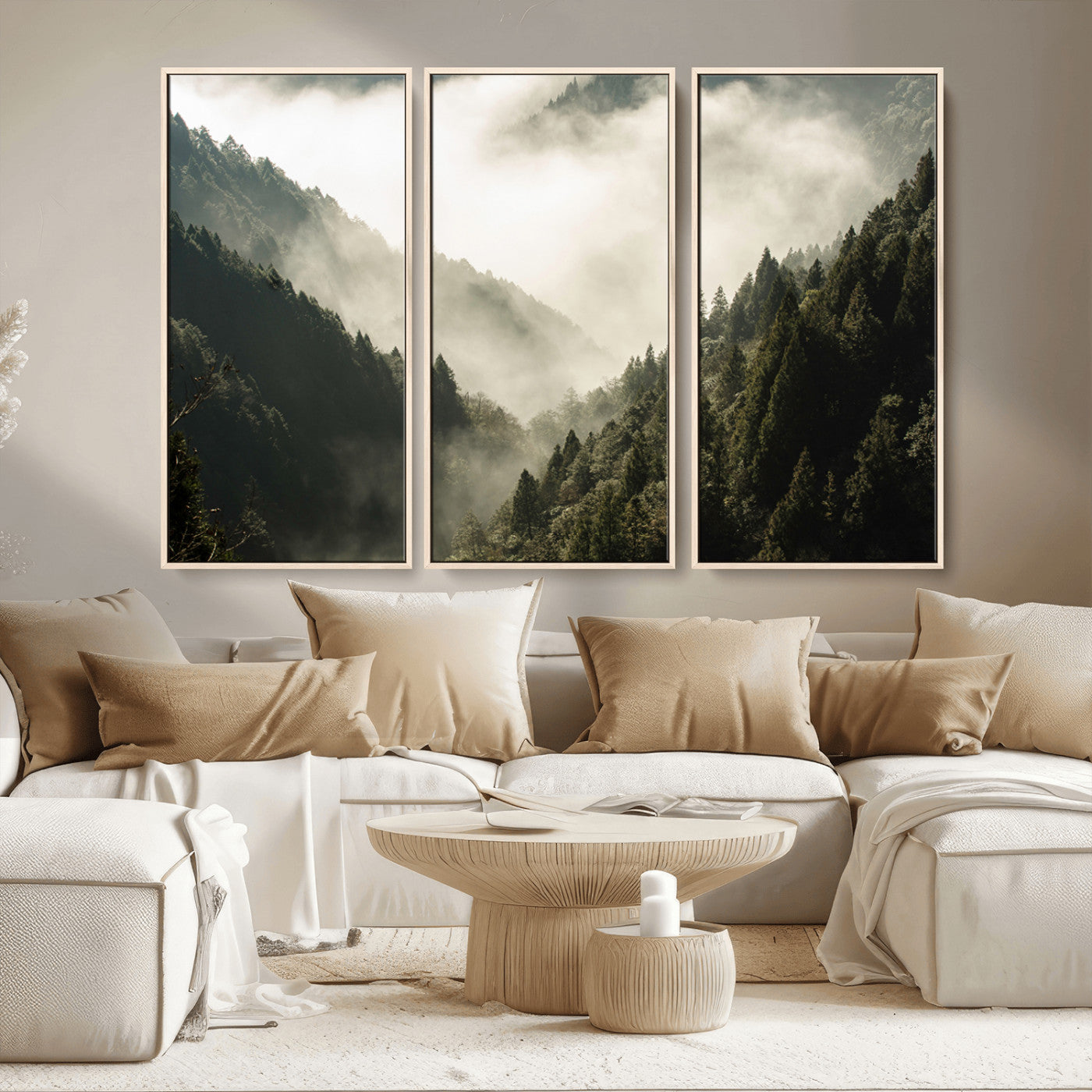 57570237-MGV-CV-36X24-Misty Valley Wall Art Canvas Print, Framed Foggy Forest Art Picture Print, Pine Trees Perfect Moody Woodland Decor Artwork