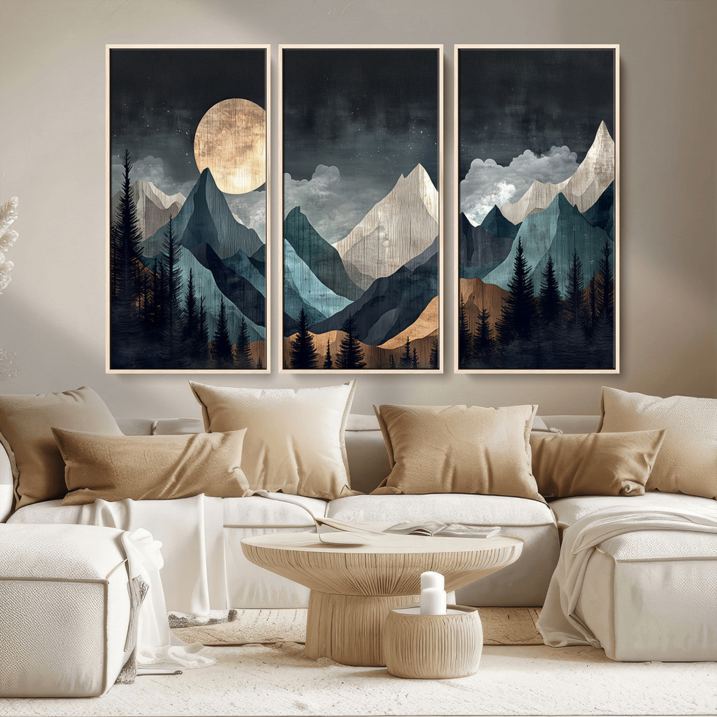 11060882-MGV-CV-36X24-Moonlit Mountains Wall Art Canvas Print, Framed Forest Silhouette Art Picture Print, Night Landscape Perfect Modern Forest Decor