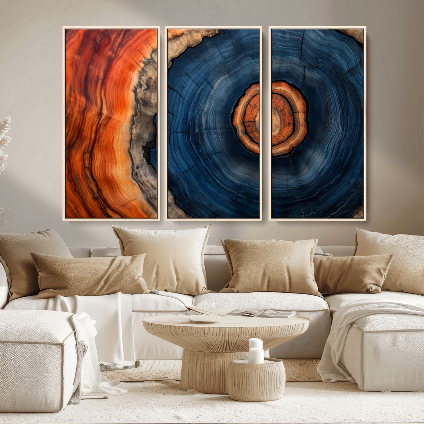 72209152-MGV-CV-36X24-Abstract Tree Ring Wall Art – Vibrant Blue Orange Wood Grain Canvas Print, Rustic Modern Nature Artwork for Living Room, Office,
