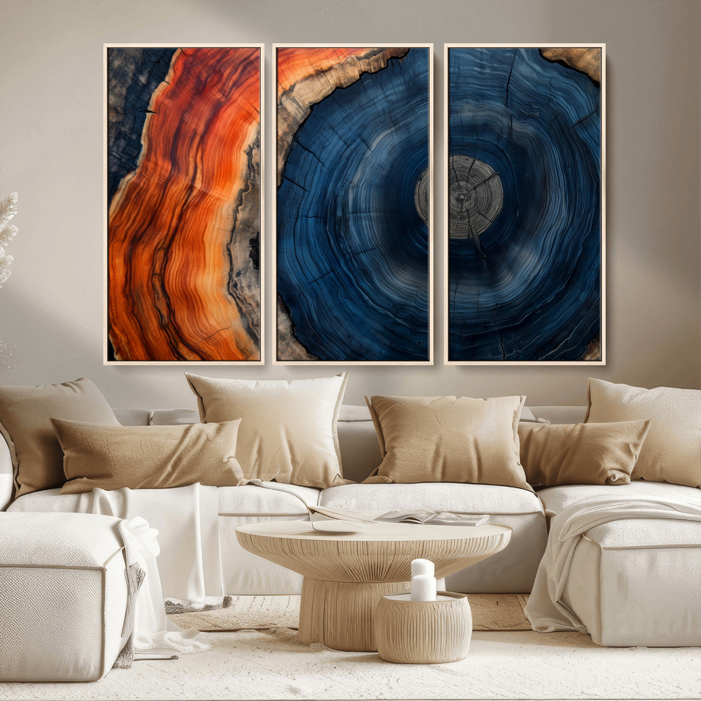 99491700-MGV-CV-36X24-Tree Ring Canvas Wall Art – Blue Orange Abstract Wood Grain Print, Rustic Modern Nature Artwork for Living Room, Office, Bedroom