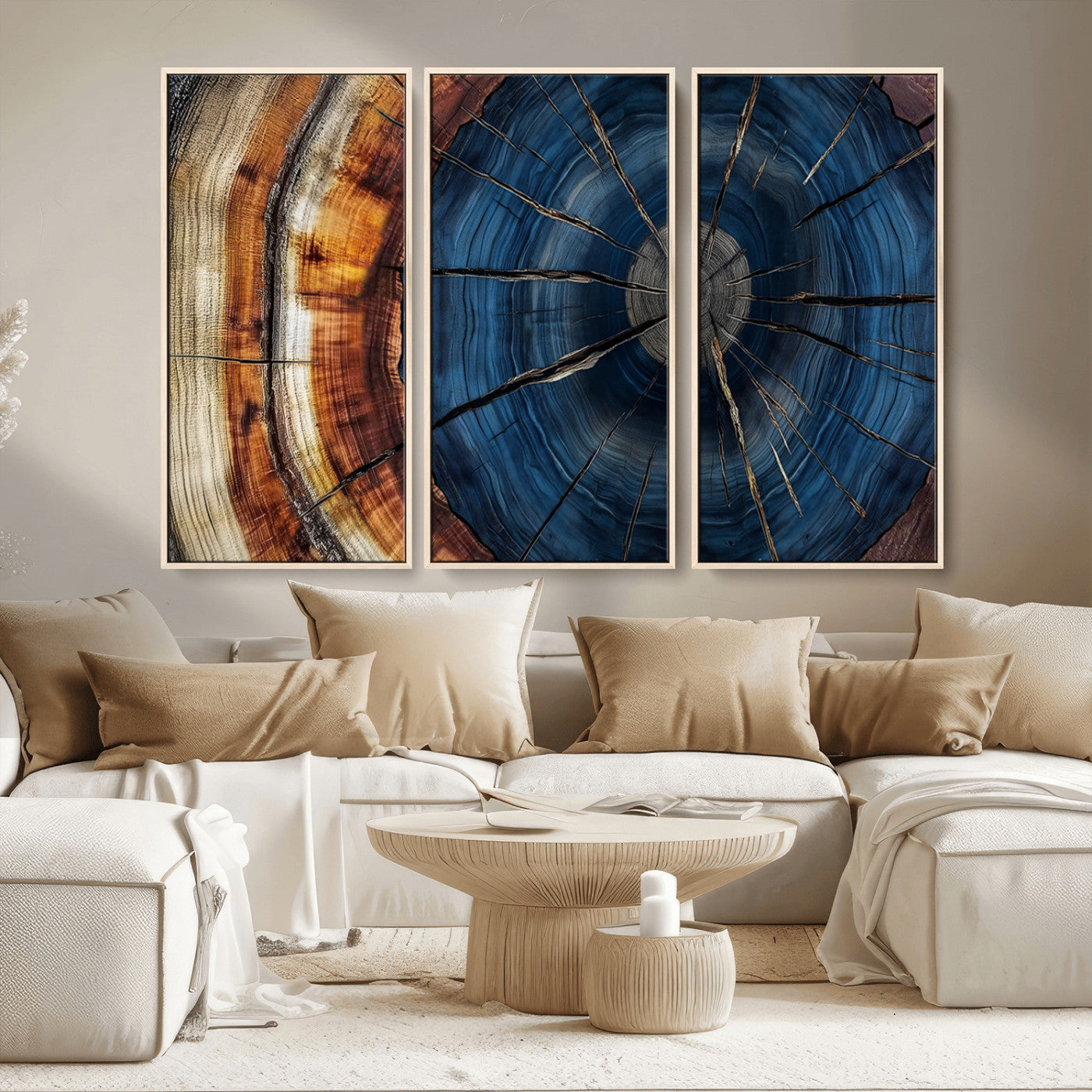 60099360-MGV-CV-36X24-Blue Tree Ring Wall Art – Rustic Wood Grain Canvas Print, Modern Abstract Artwork with Natural Texture for Living Room, Bedroom,