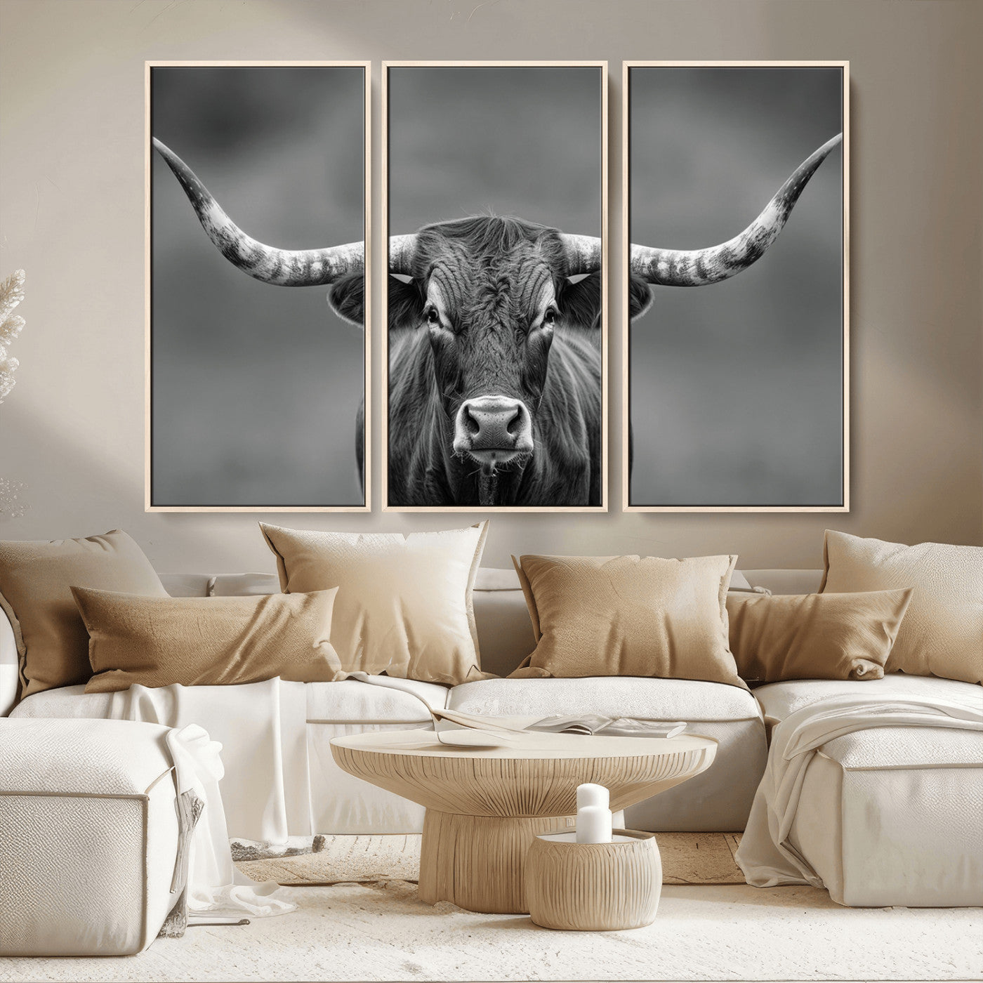 81228550-MGV-CV-36X24-Framed Texas Longhorn Bull Art Canvas Print, Western Bull Wall Art Print, Long Horn Bull Photo Print for Log Cabin, Large Bull
