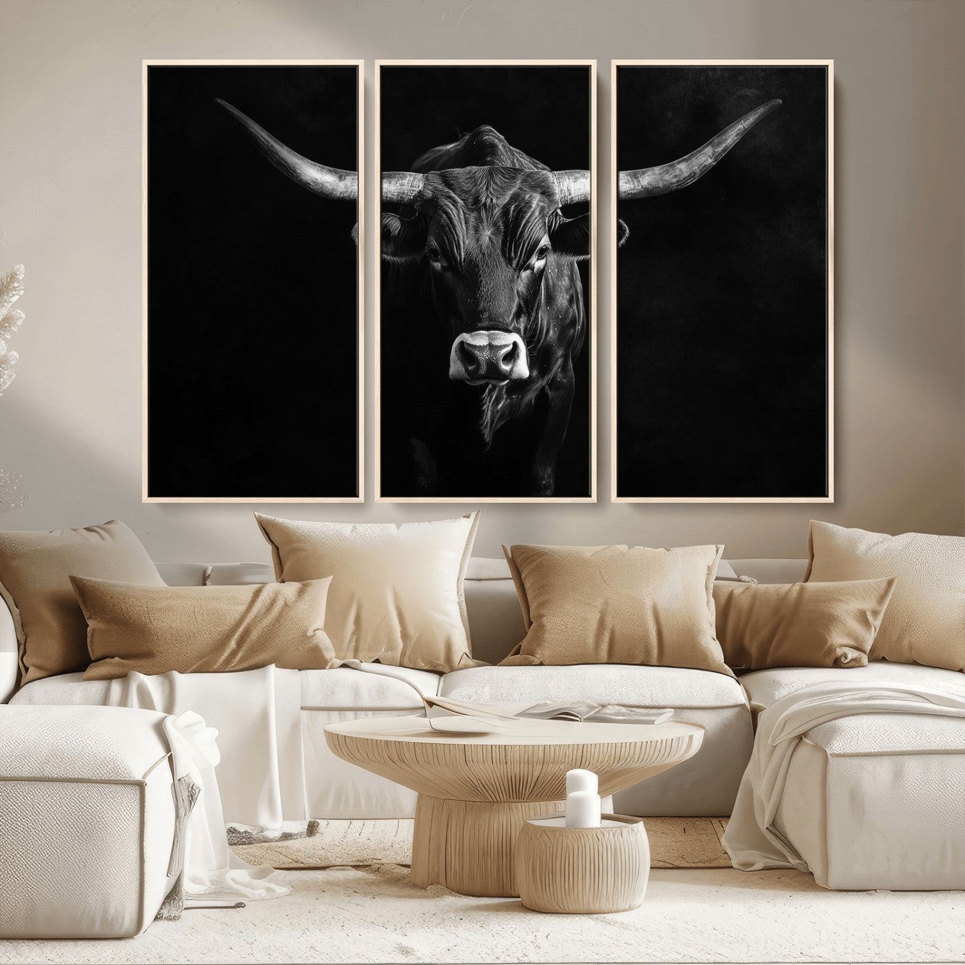 42077175-MGV-CV-36X24-Texas Longhorn Wall Art Canvas Print, Framed Monochrome Bull Art Picture Print, Horned Bull Perfect Rustic Western Decor Artwork