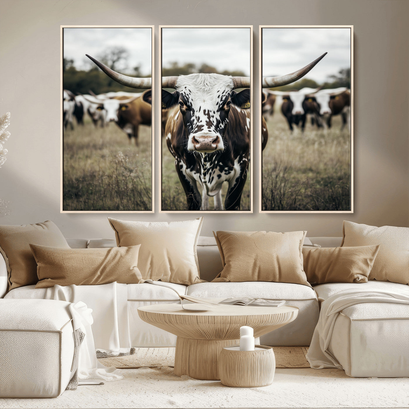 79025945-MGV-CV-36X24-Texas Longhorn Wall Art Canvas Print, Framed Speckled Cow Art Picture Print, Horned Cattle Perfect Rustic Western Decor Artwork