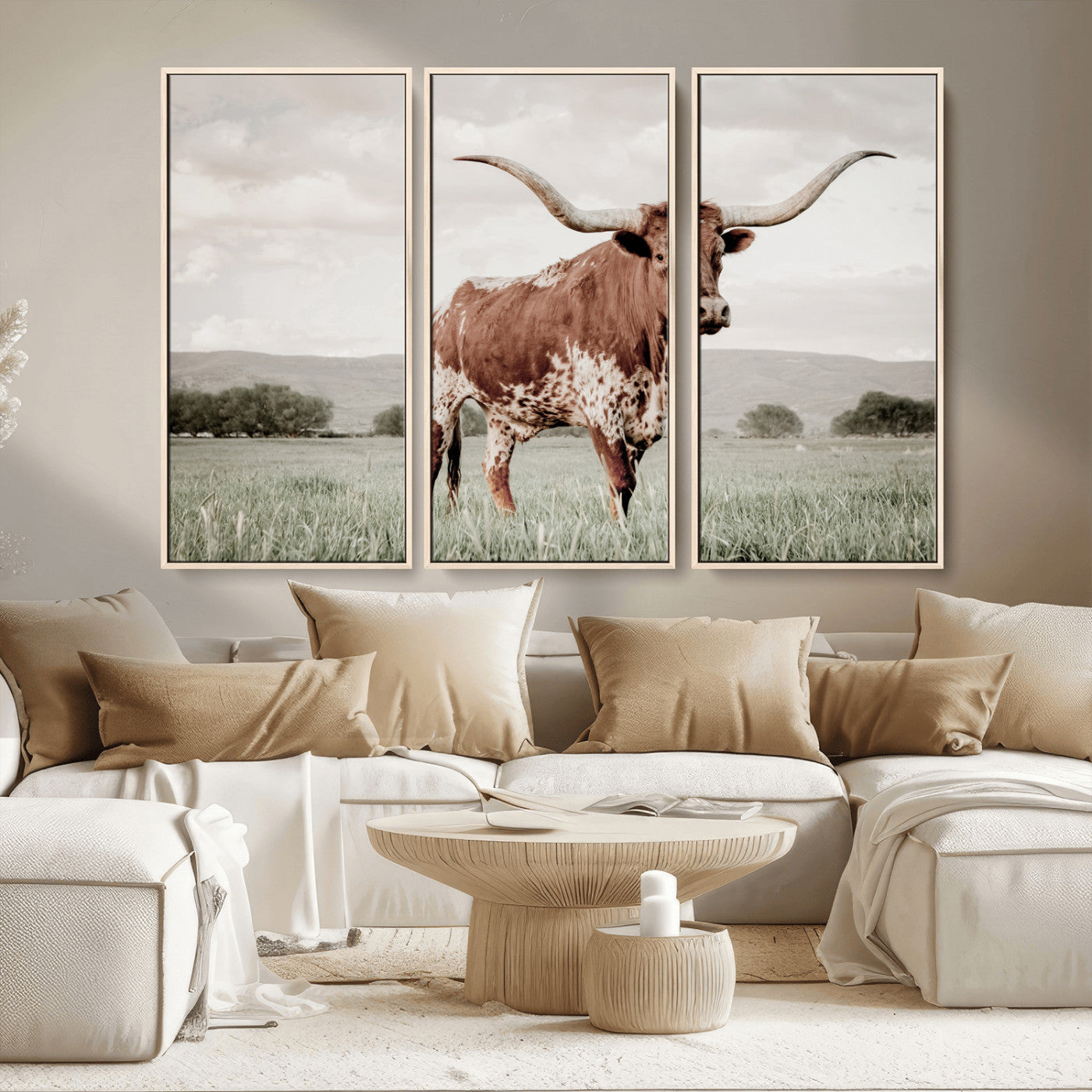 28309012-MGV-CV-36X24-Texas Longhorn Wall Art Canvas Print, Framed Spotted Cattle Art Picture Print, Horned Bull Perfect Rustic Western Decor Artwork
