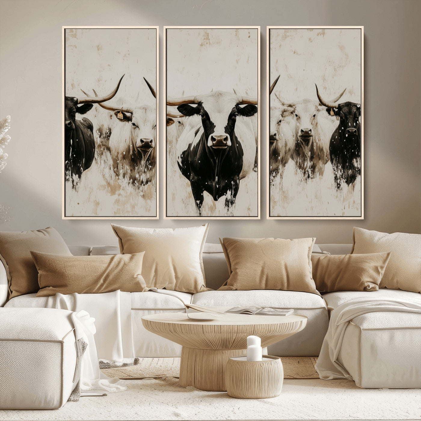 12027562-MGV-CV-36X24-Longhorn Cattle Wall Art Canvas Print, Framed Bison Herd Art Picture Print, Cattle Group Perfect Rustic Farmhouse Decor Artwork