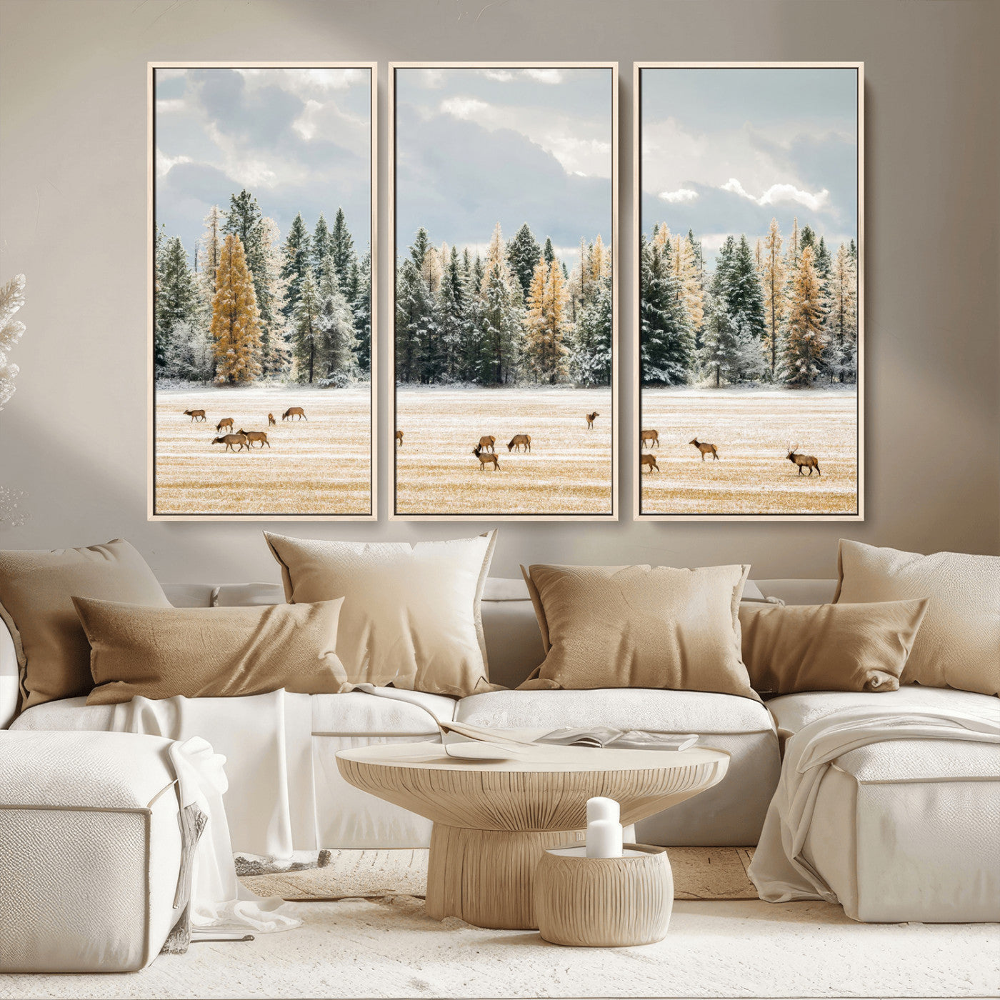 64188182-MGV-CV-36X24-Elk Herd Wall Art Canvas Print, Framed Snowy Forest Art Picture Print, Forest Elks Perfect Neutral Rustic Decor Artwork