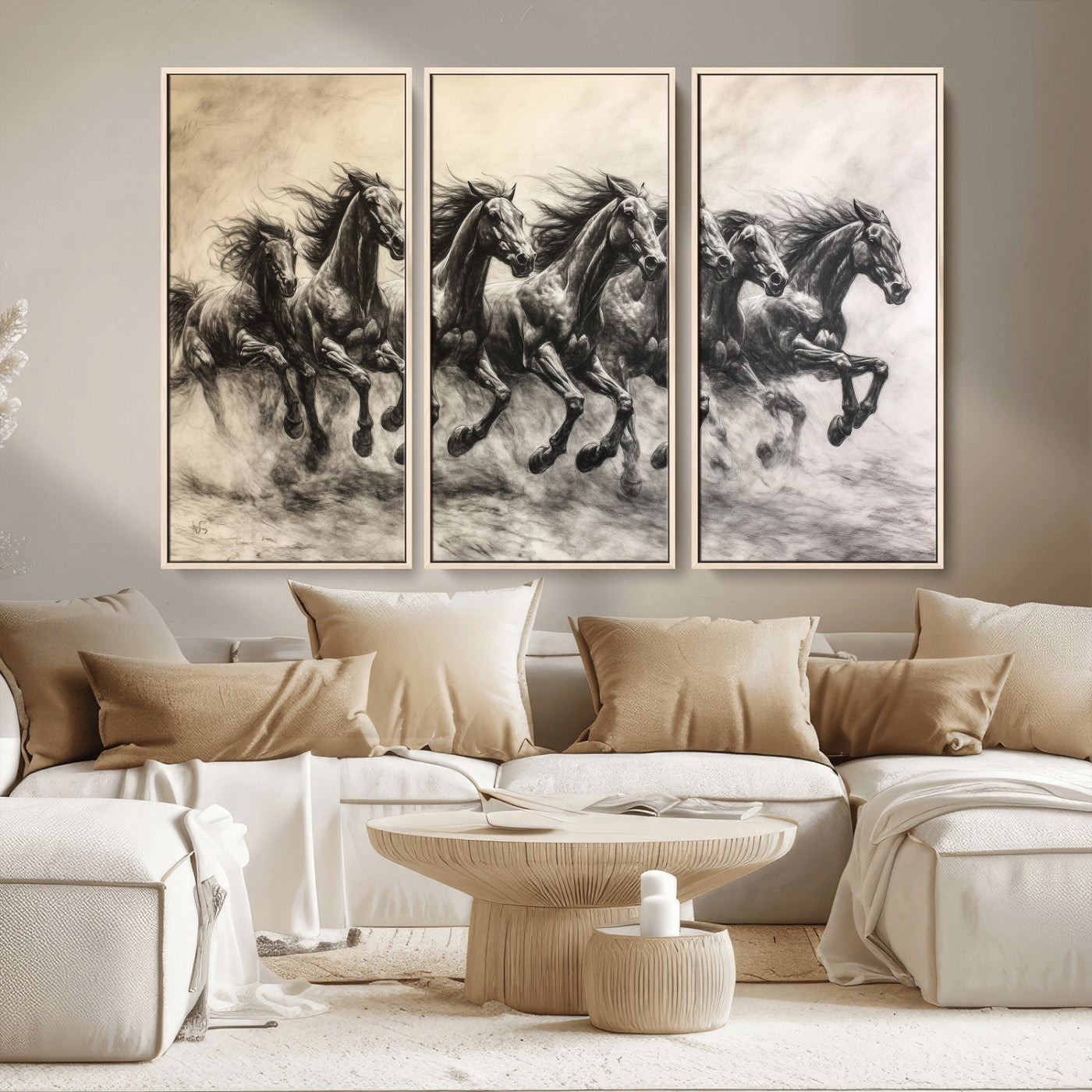 56089591-MGV-CV-36X24-Galloping Horses Wall Art Canvas Print, Framed Wild Stallions Art Picture Print, Horse Herd Sketch Perfect Monochrome Dynamic