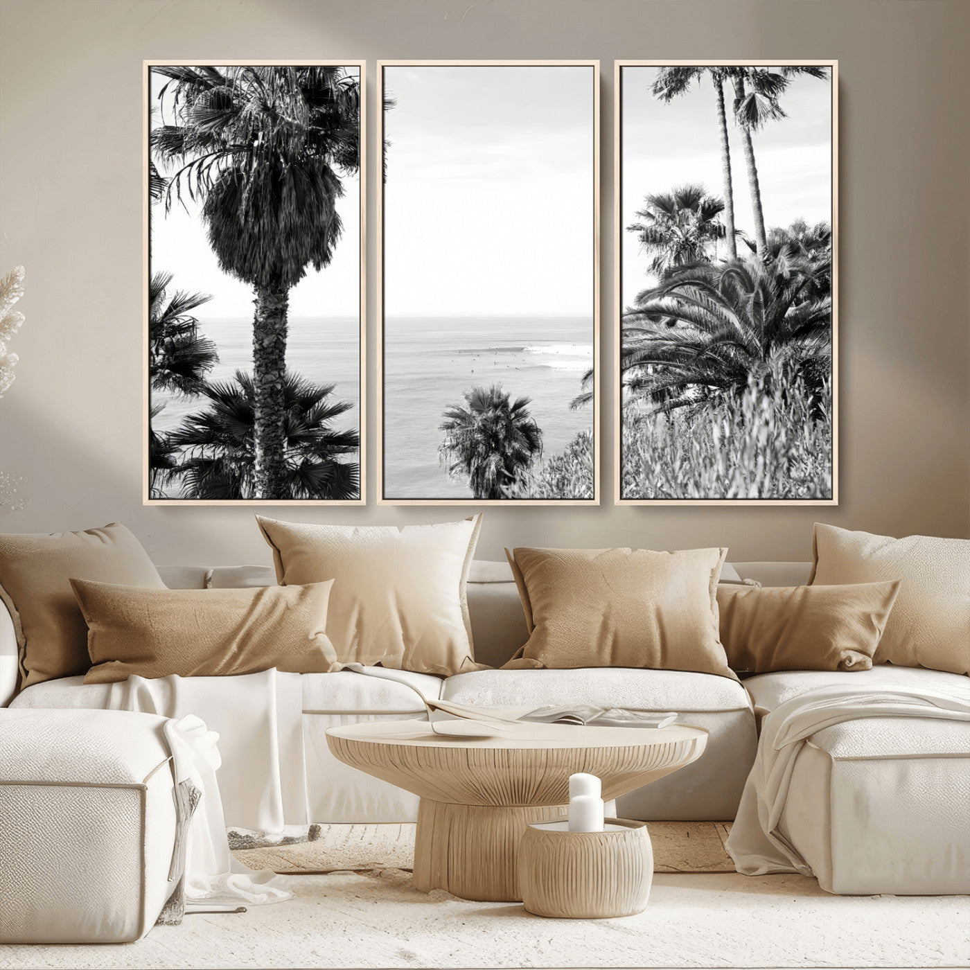 89458520-MGV-CV-36X24-Palm Trees Wall Art Canvas Print, Framed Coastal View Art Picture Print, Ocean Horizon Perfect Monochrome Coast Decor Artwork
