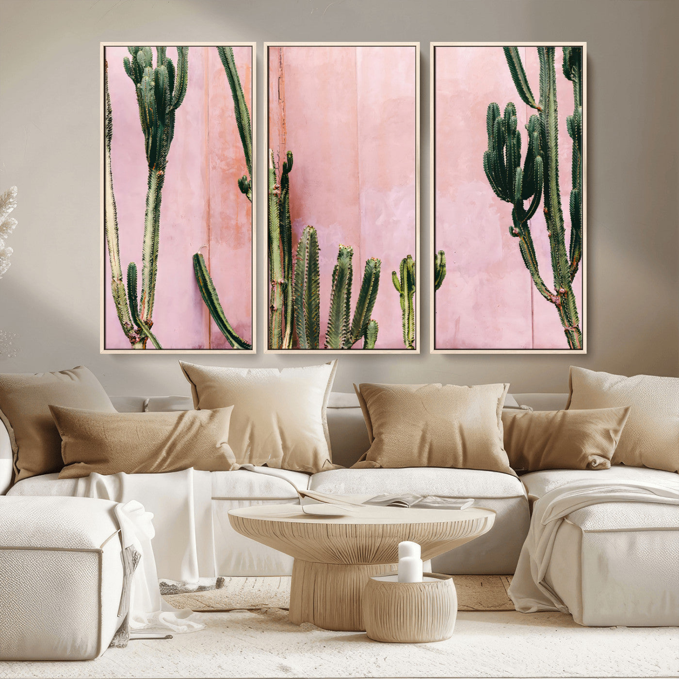 93119502-MGV-FC-48X32-3P_Natural-Tall Cactus Wall Art Canvas Print, Framed Pink Wall Art Picture Print, Cactus Lines Perfect Modern Desert Decor Artwork