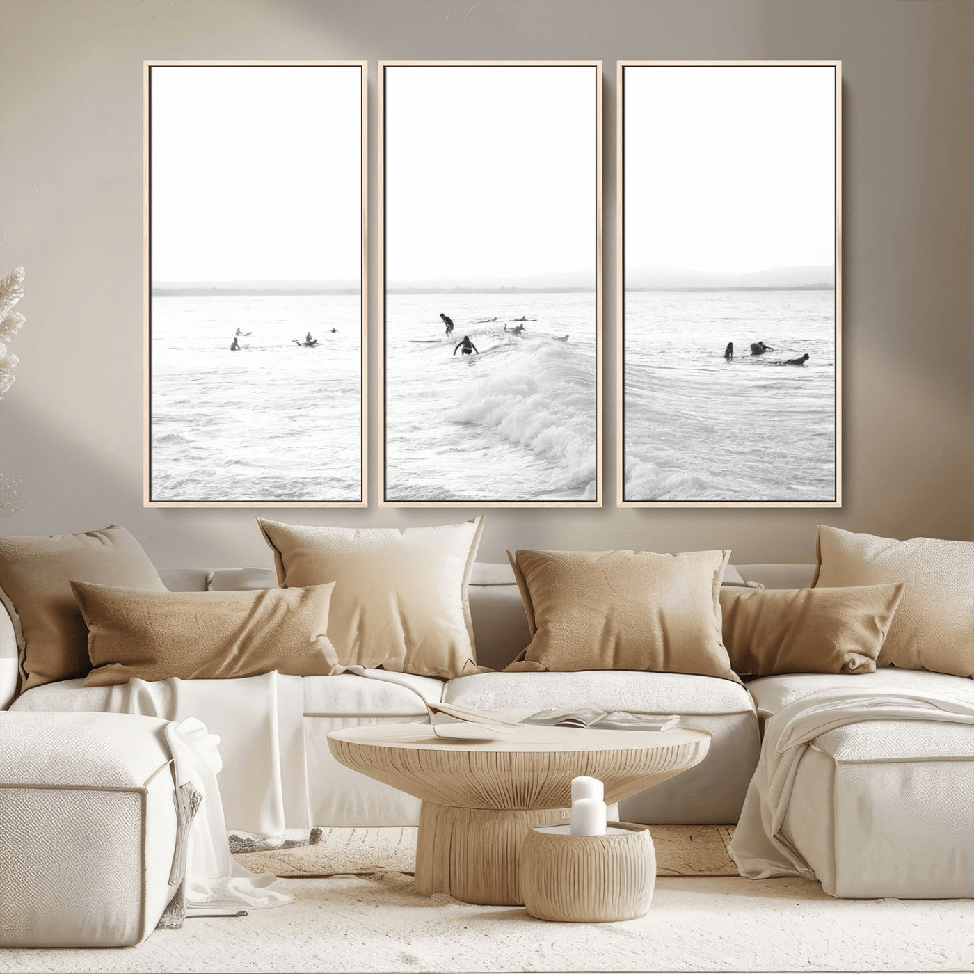 33449548-MGV-CV-36X24-Group Surfers Wall Art Canvas Print, Framed Ocean Wave Art Picture Print, Surf Crowd Perfect Monochrome Surf Decor Artwork