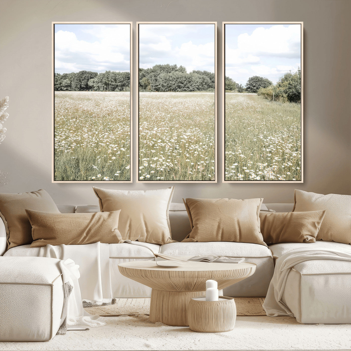 43258946-MGV-CV-36X24-Daisy Field Wall Art Canvas Print, Framed Pastel Flower Art Picture Print, Meadow Bloom Perfect Scandinavian Minimalist Decor