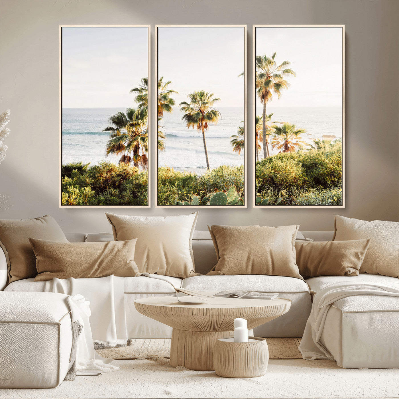 94707294-MGV-FC-48X32-3P_Natural-California Coast Wall Art Canvas Print, Framed Palm Trees Art Picture Print, Coastal Landscape Perfect Coastal Minimalist Decor