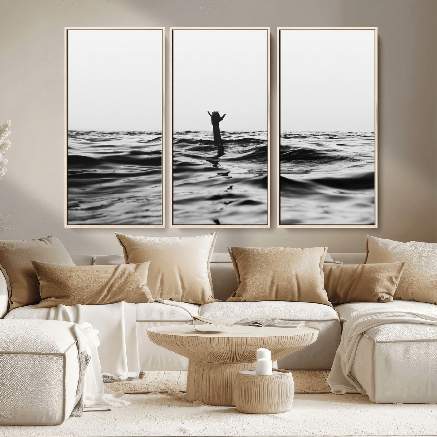 69541918-MGV-CV-36X24-Black White Ocean Wall Art Canvas Print, Framed Moody Seascape Art Picture Print, Surfer Sign Perfect Moody Minimalist Decor