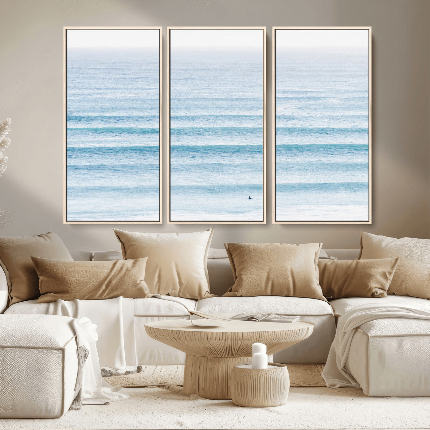 77145995-MGV-CV-36X24-Ocean Simplicity Wall Art Canvas Print, Framed Surfer on Water Art Picture Print, Light Blue Perfect Coastal Minimalist Decor