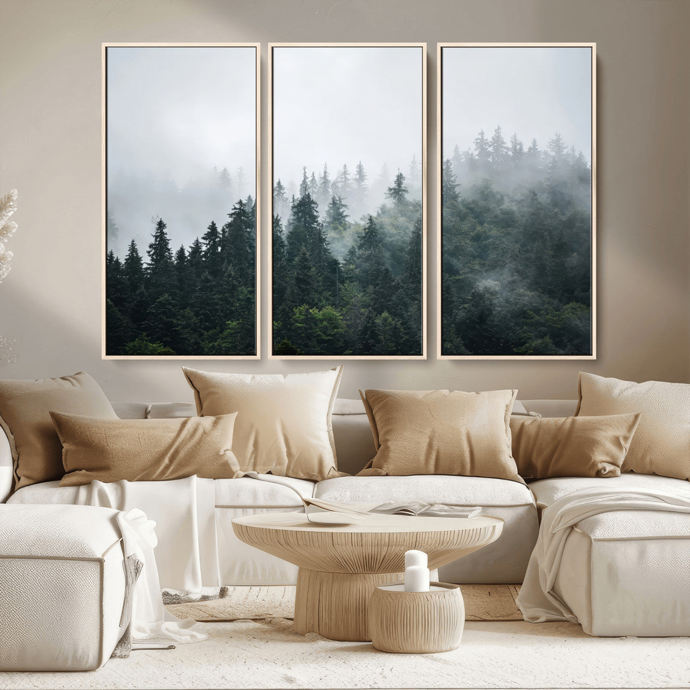 84146572-MGV-CV-36X24-Foggy Pine Trees Wall Art Canvas Print, Framed Forest Nature Art Picture Print, Evergreen Forest Perfect Scandinavian Minimalist