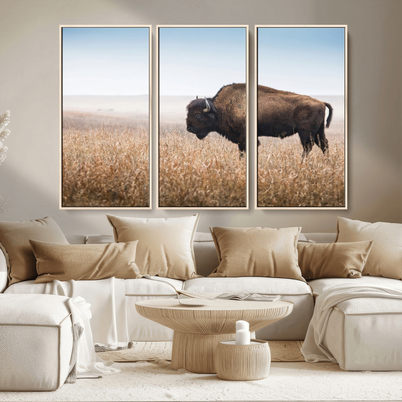 99620201-MGV-CV-36X24-Wild Bison Wall Art Canvas Print, Framed Bison in Prairie Art Picture Print, Rustic Western Perfect Rustic Western Decor Artwork