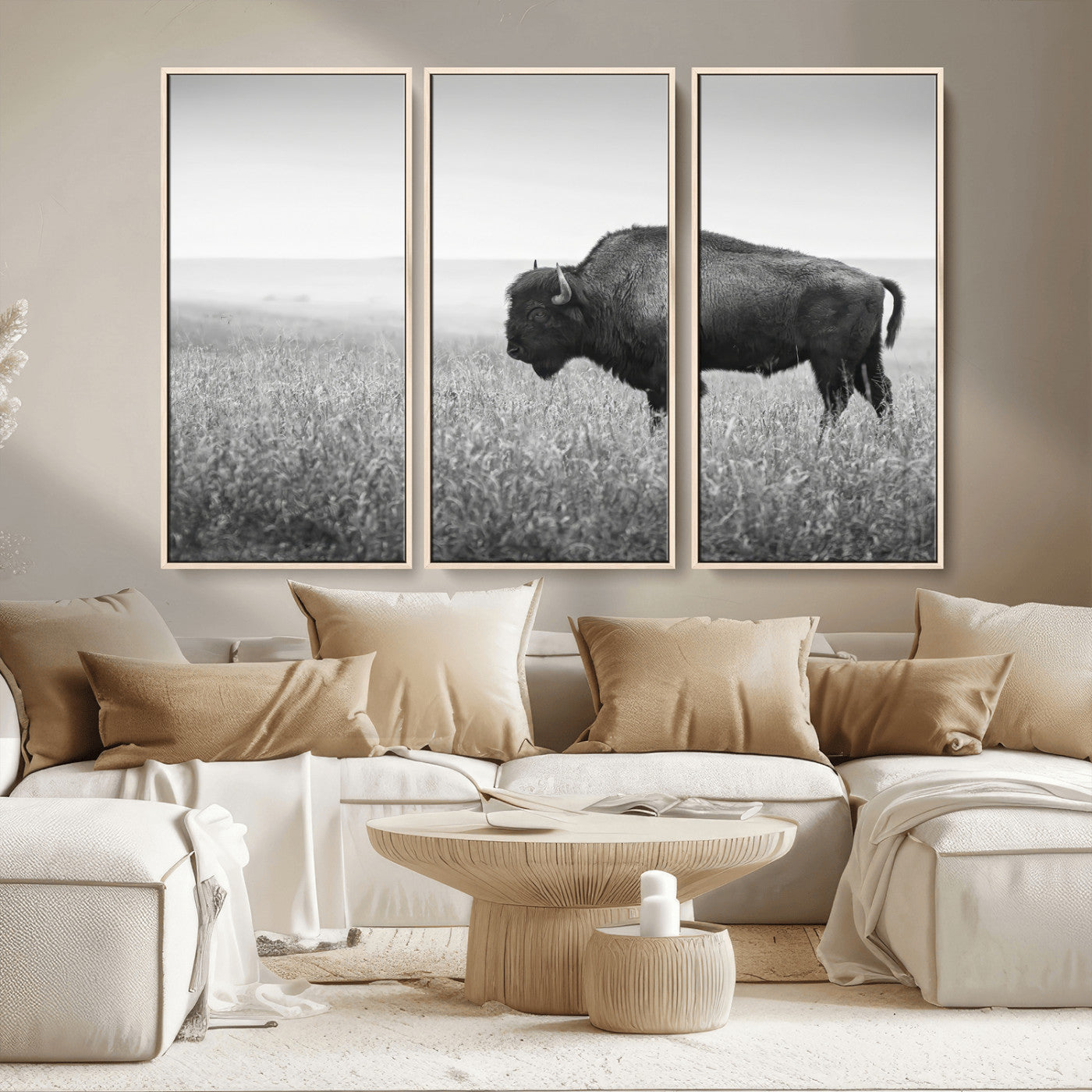 28435251-MGV-CV-36X24-Bison In Prairie Wall Art Canvas Print, Framed Rustic Wildlife Art Picture Print, Wild Buffalo Perfect Rustic Western Decor