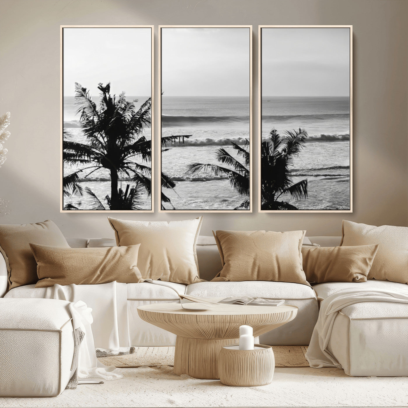 17508038-MGV-FC-48X32-3P_Natural-Tropical Coastline Wall Art Canvas Print, Framed Palm Trees Art Picture Print, Ocean Waves Perfect Minimalist Coastal Decor