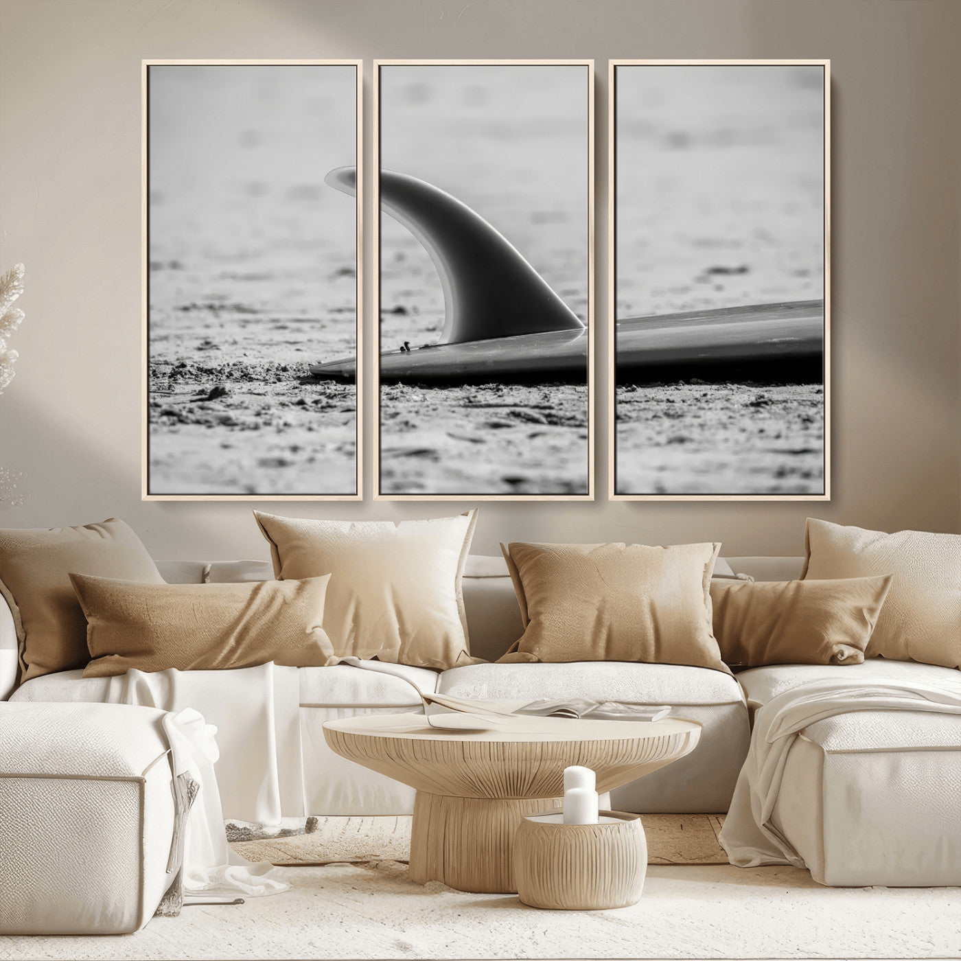 62314230-MGV-CV-36X24-Black White Surfboard Wall Art Canvas Print, Framed Minimalist Beach Art Picture Print, Surf Fin Perfect Minimalist Coastal Decor