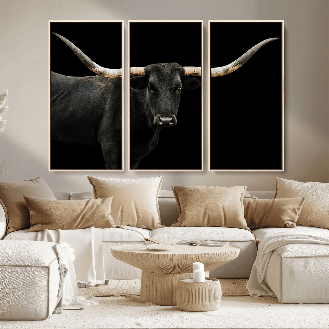 99448328-MGV-CV-36X24-Longhorn Cattle Wall Art Canvas Print, Framed Texas Ranch Art Picture Print, Western Cow Perfect Farmhouse Decor Artwork