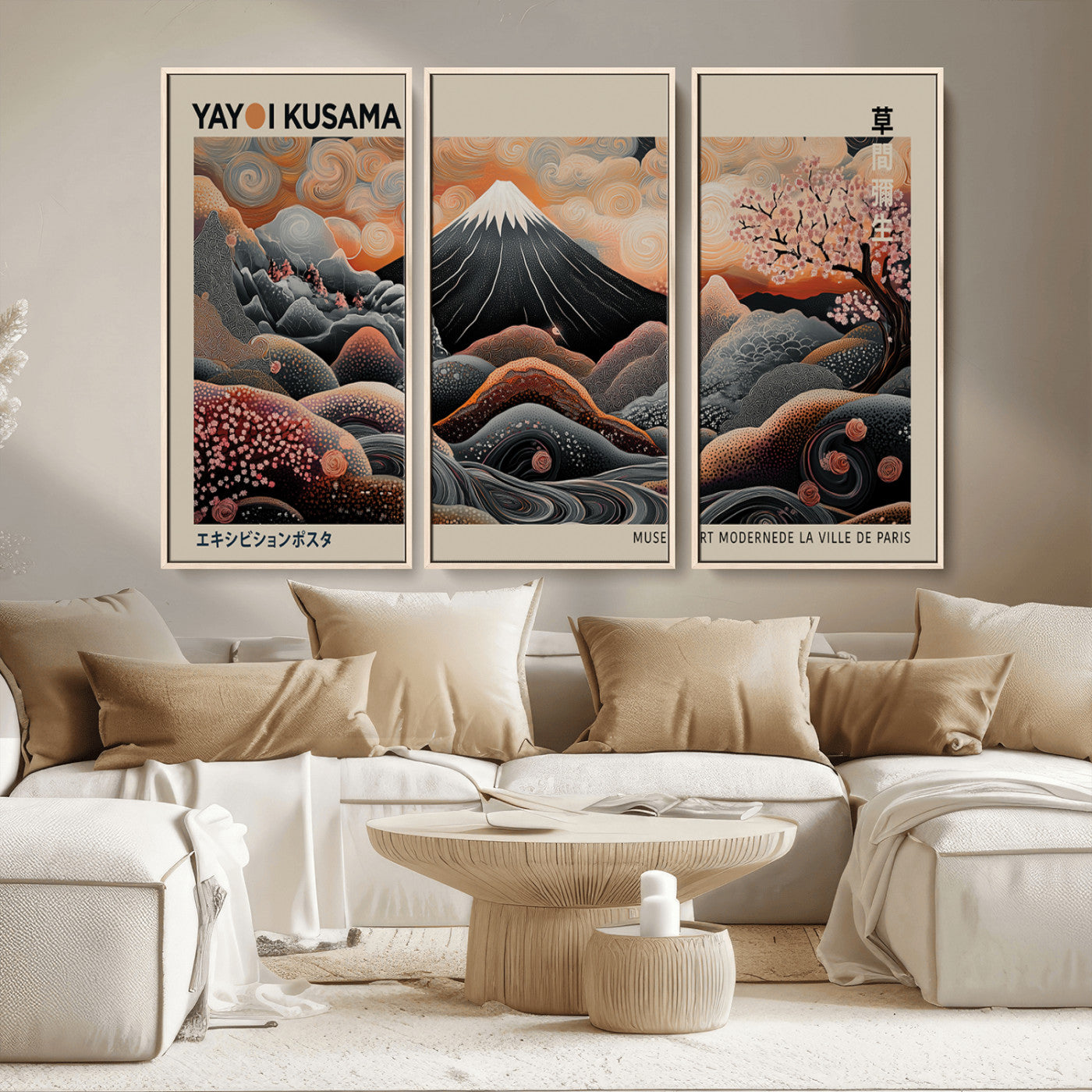 55739266-MGV-CV-36X24-Japanese Wall Art Print – Abstract Yayoi Kusama Inspired Dotted Landscape Poster, Surreal Oriental Mountain and Cherry Blossom