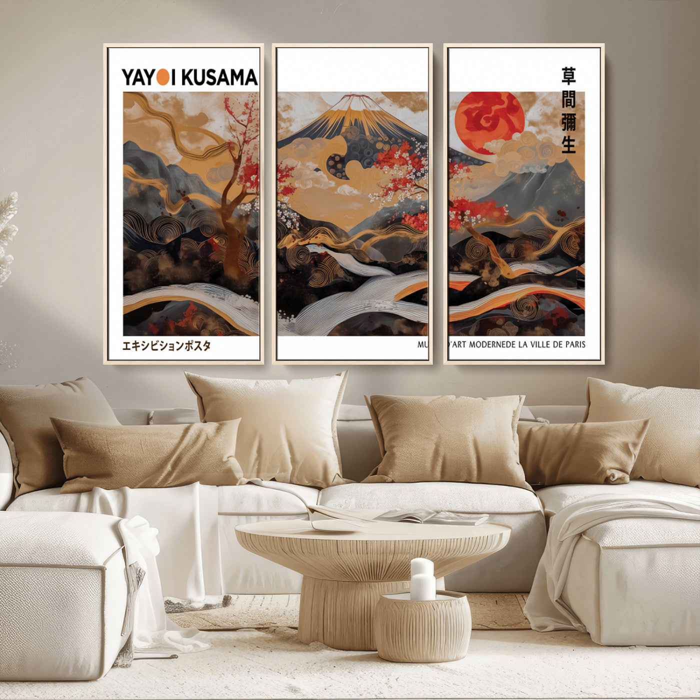 40959107-MGV-CV-36X24-Japanese Fuji Wall Art Print – Red Sun & Cherry Blossom Poster, Gold Wave Ukiyo-e Inspired Modern Japan Landscape Painting,