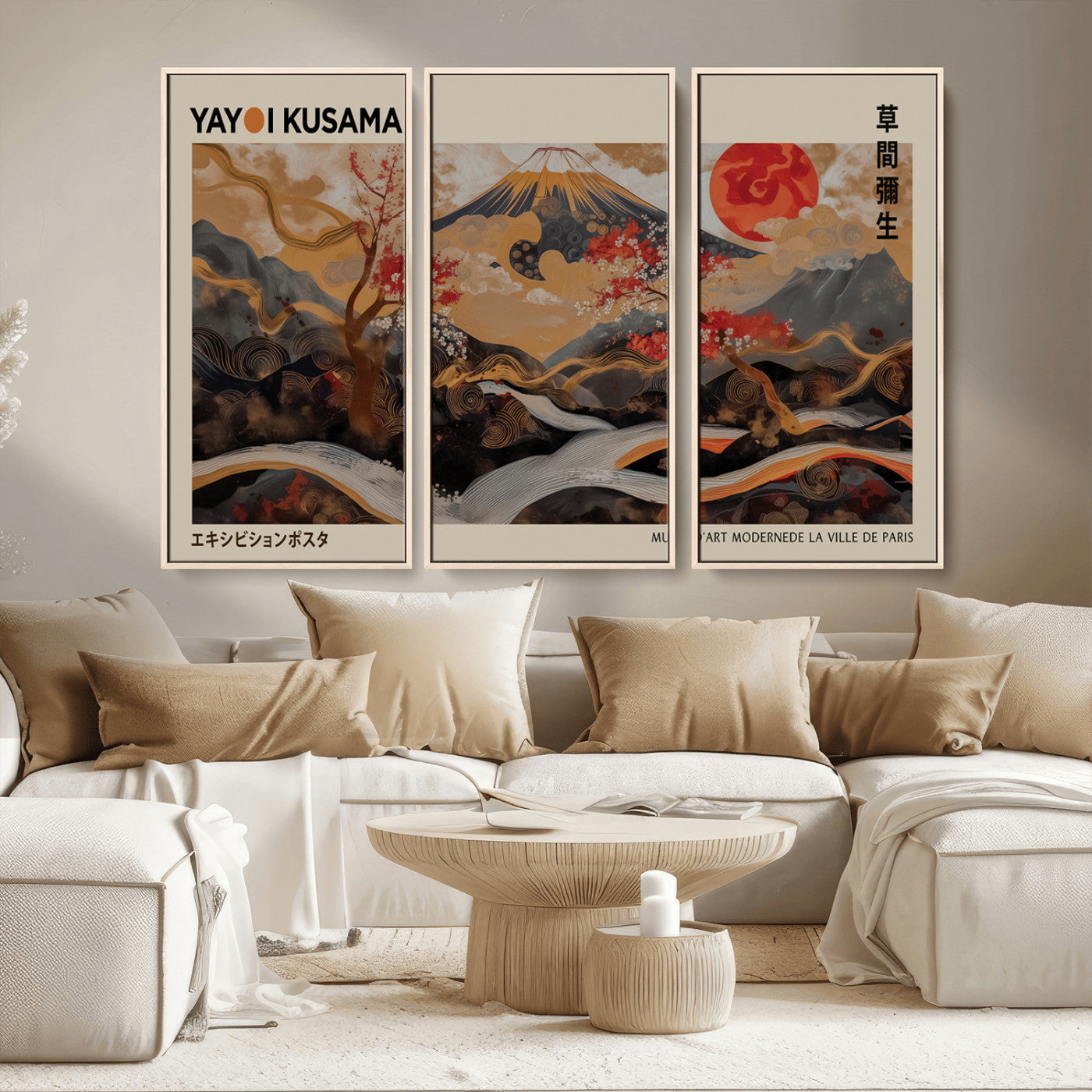 77970791-MGV-CV-36X24-Mount Fuji Golden Abstract Wall Art – Japanese Landscape Canvas Poster, Cherry Blossom & Red Sun Painting, Elegant Zen Oriental