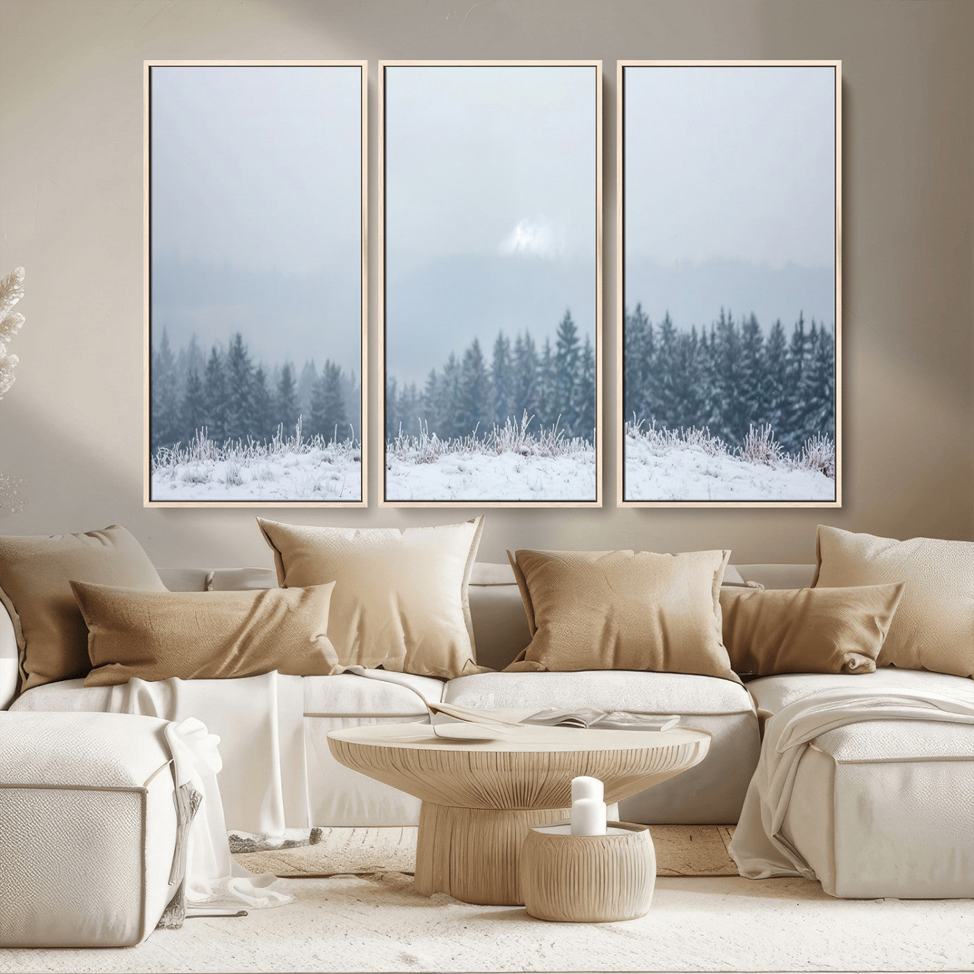 33033082-MGV-CV-36X24-Winter Forest Art Wall Art Canvas Print, Framed Snowy Landscape Art Picture Print, Misty Tree Scene Perfect Nordic Minimalist