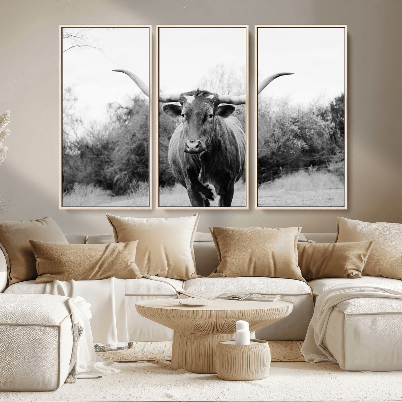 97280319-MGV-CV-36X24-Longhorn Photography Wall Art Canvas Print, Framed Western Cow Decor Art Picture Print, Texas Ranch Style Perfect Rustic Farmhouse