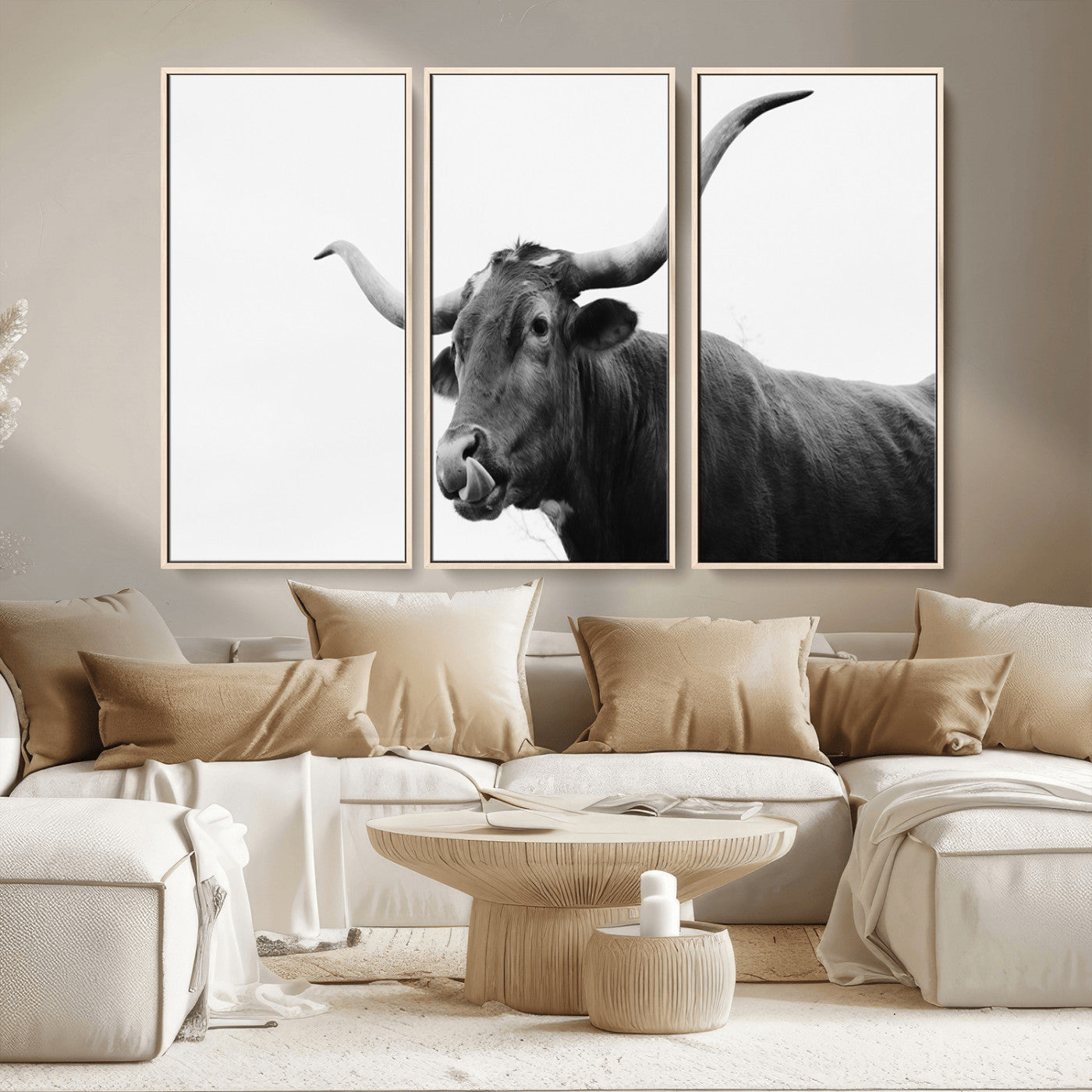 99244177-MGV-CV-36X24-Longhorn Photography Wall Art Canvas Print, Framed Western Cow Decor Art Picture Print, Black White Bull Perfect Modern Rustic