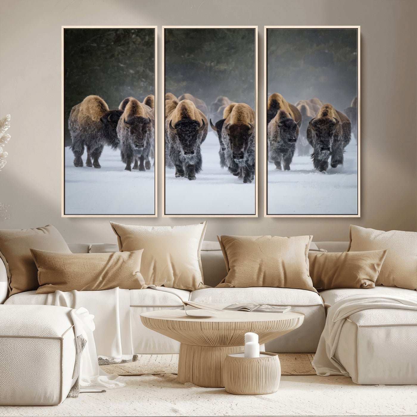 41669135-MGV-CV-36X24-Bison Herd Scene Wall Art Canvas Print, Framed Rustic Wildlife Decor Art Picture Print, Snowy Bison Landscape Perfect Rustic