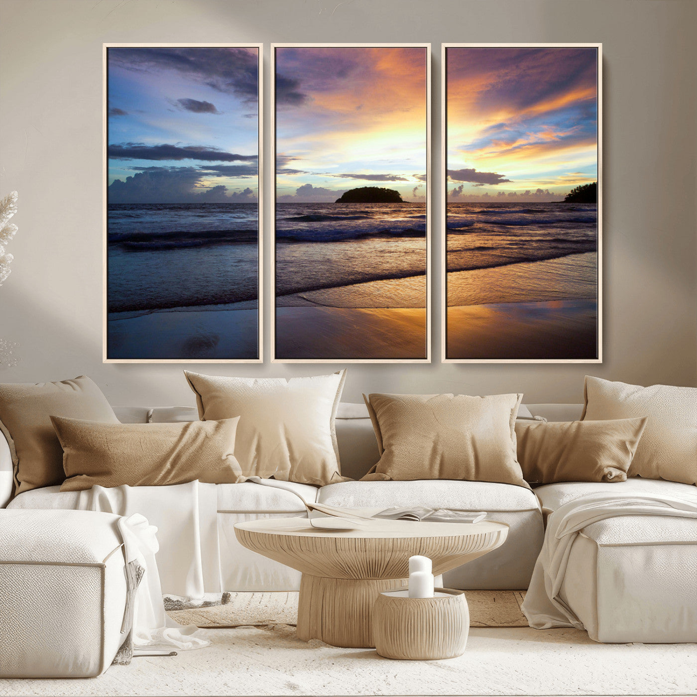 36714356-MGV-FC-48X32-3P_Natural-Beach Sunset Wall Art Canvas Print, Framed Ocean Waves Art Picture Print, Tropical Seascape Perfect Coastal Serenity Decor Artwork
