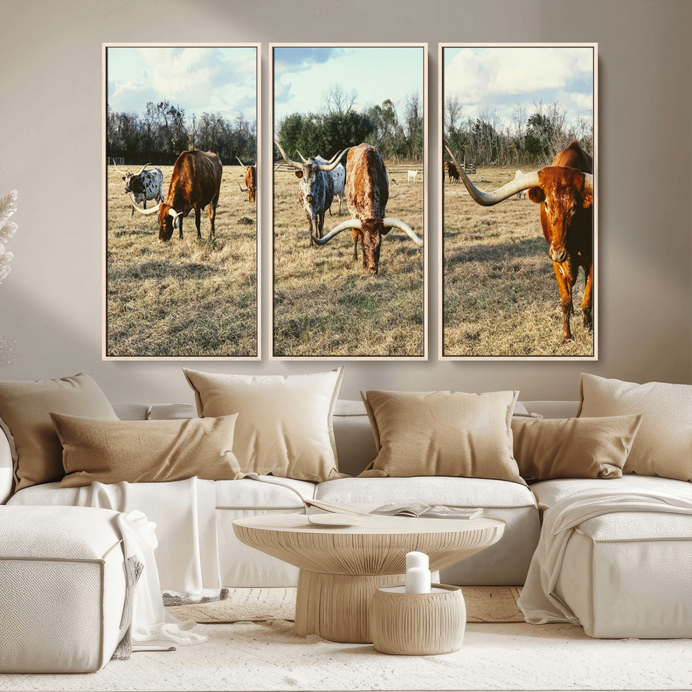 39144651-MGV-CV-36X24-Texas Longhorns Wall Art Canvas Print, Framed Rustic Farm Scene Art Picture Print, Western Cattle Perfect Rustic Farmhouse Decor