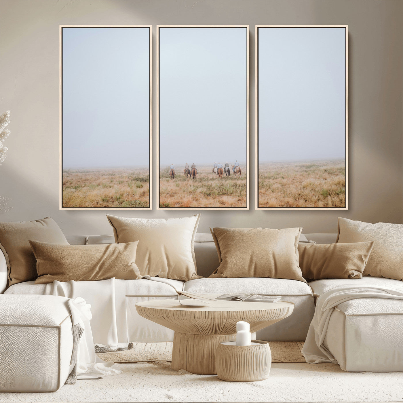 14761944-MGV-CV-36X24-Foggy Plains Wall Art Canvas Print, Framed Horseback Riders Art Picture Print, Rustic Western Perfect Rustic Western Decor Artwork