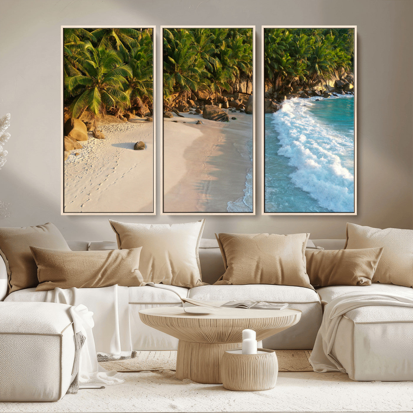 82312665-MGV-CV-36X24-Tropical Beach Wall Art Canvas Print, Framed Ocean Waves Art Picture Print, Palm Trees Perfect Coastal Minimalist Decor Artwork