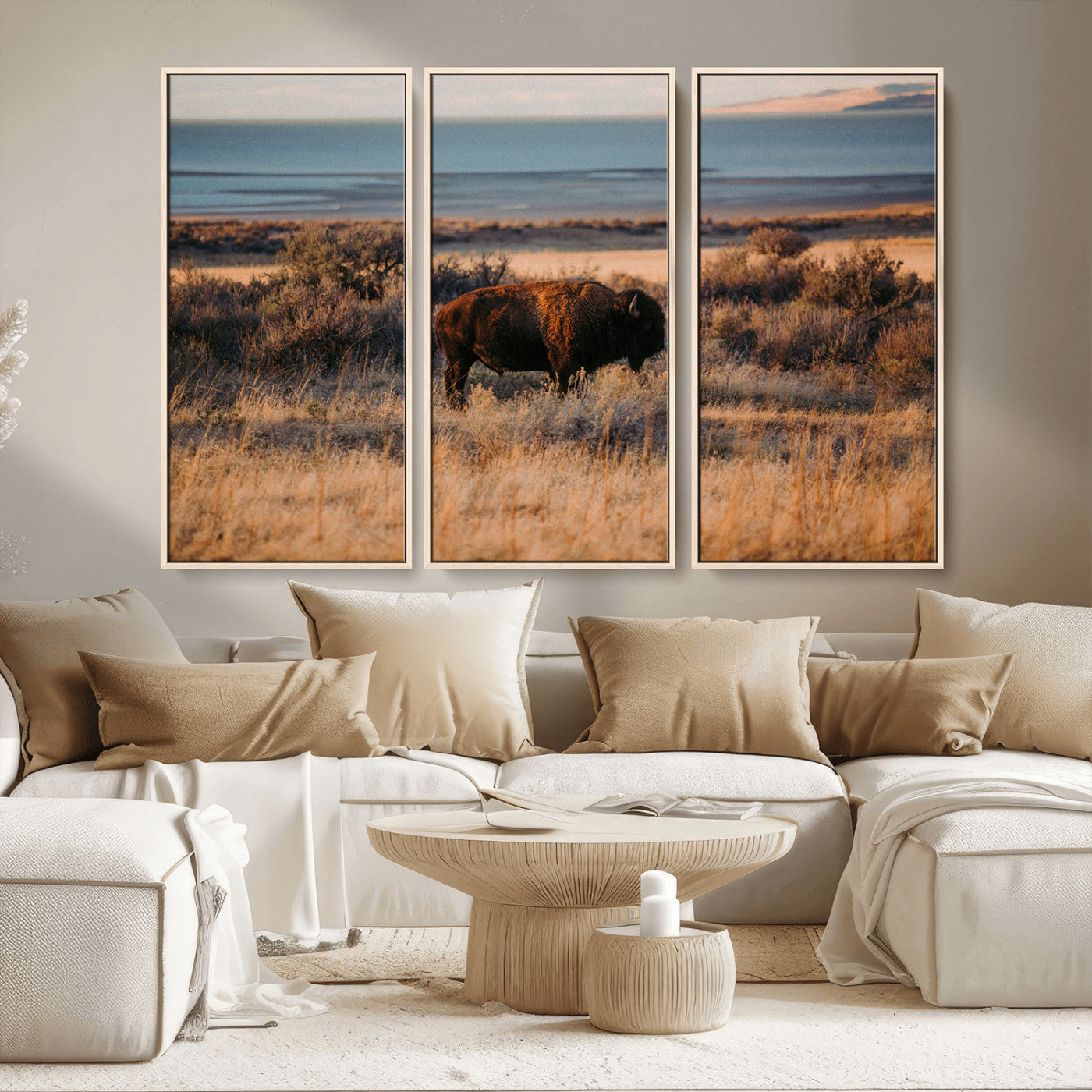 39509187-MGV-CV-36X24-Western Wildlife Wall Art Canvas Print, Framed Bison Art Picture Print, Golden Hour Perfect Western Rustic Decor Artwork