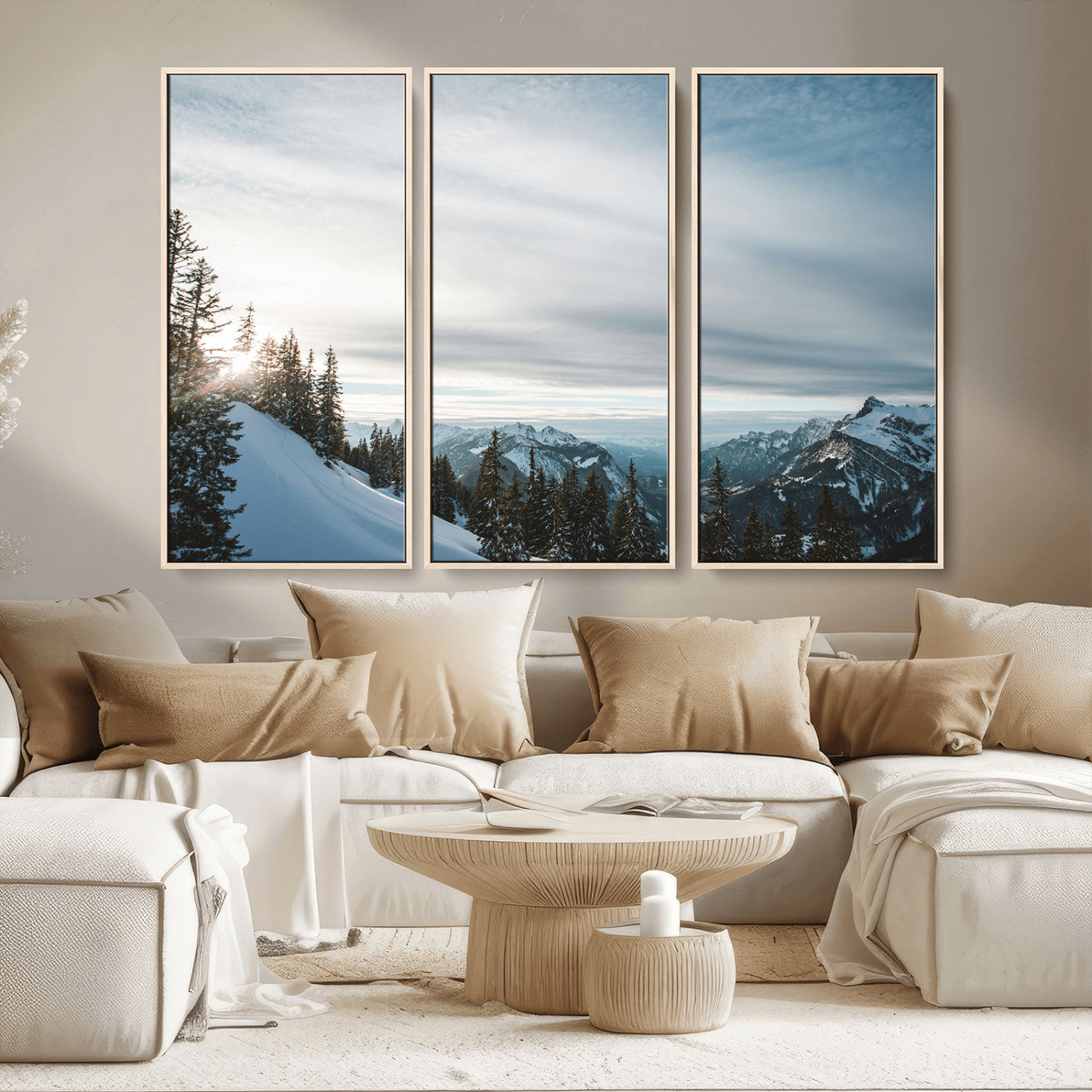 55564749-MGV-CV-36X24-Snowy Mountains Wall Art Canvas Print, Framed Alpine Landscape Art Picture Print, Frosty Peaks Perfect Nordic Minimalist Decor